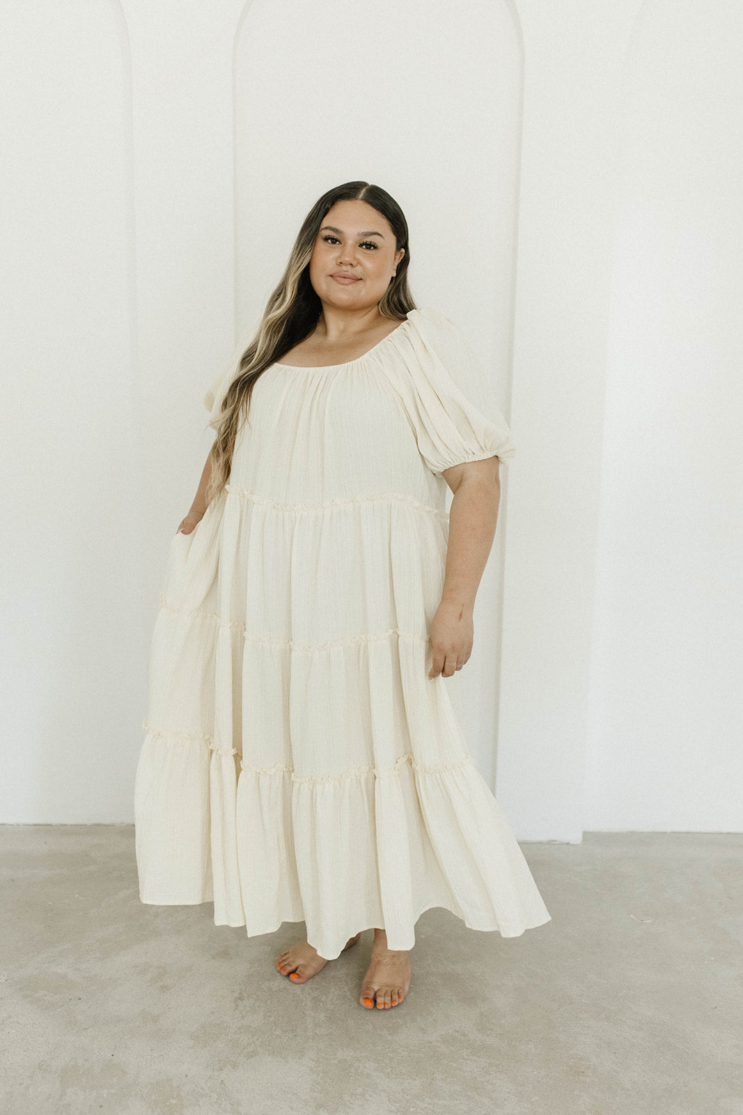 Eva Puffed Sleeve Maxi Dress in Cream - Bump Friendly Maternity Dress with Inclusive Sizing (S-3XL) | Perfect for Weddings, Baby Showers & Summer Vacations