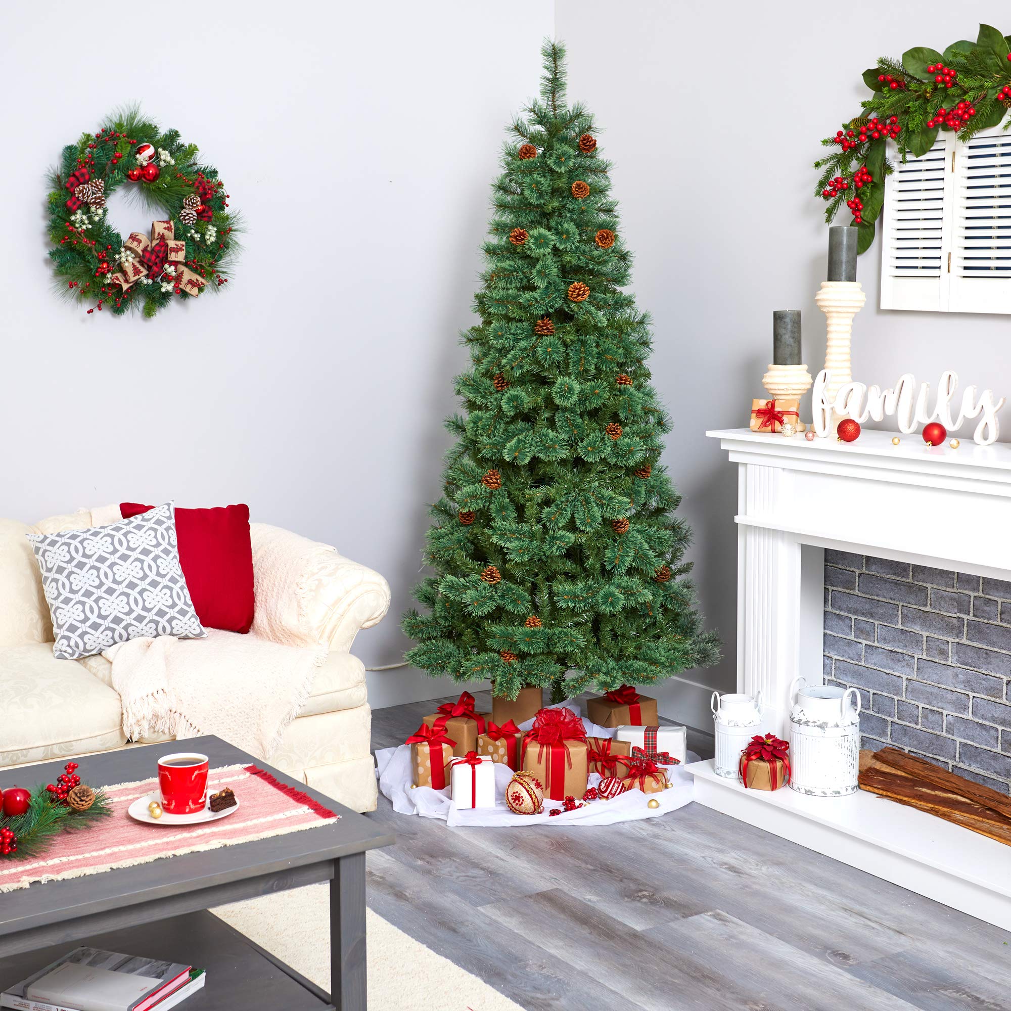 Nearly Natural 7ft White Mountain Pine Artificial Christmas Tree with 400 Clear LED Lights & Pine Cones - Perfect for Holiday Home Decor, Office Christmas Party & Festive Indoor Decoration