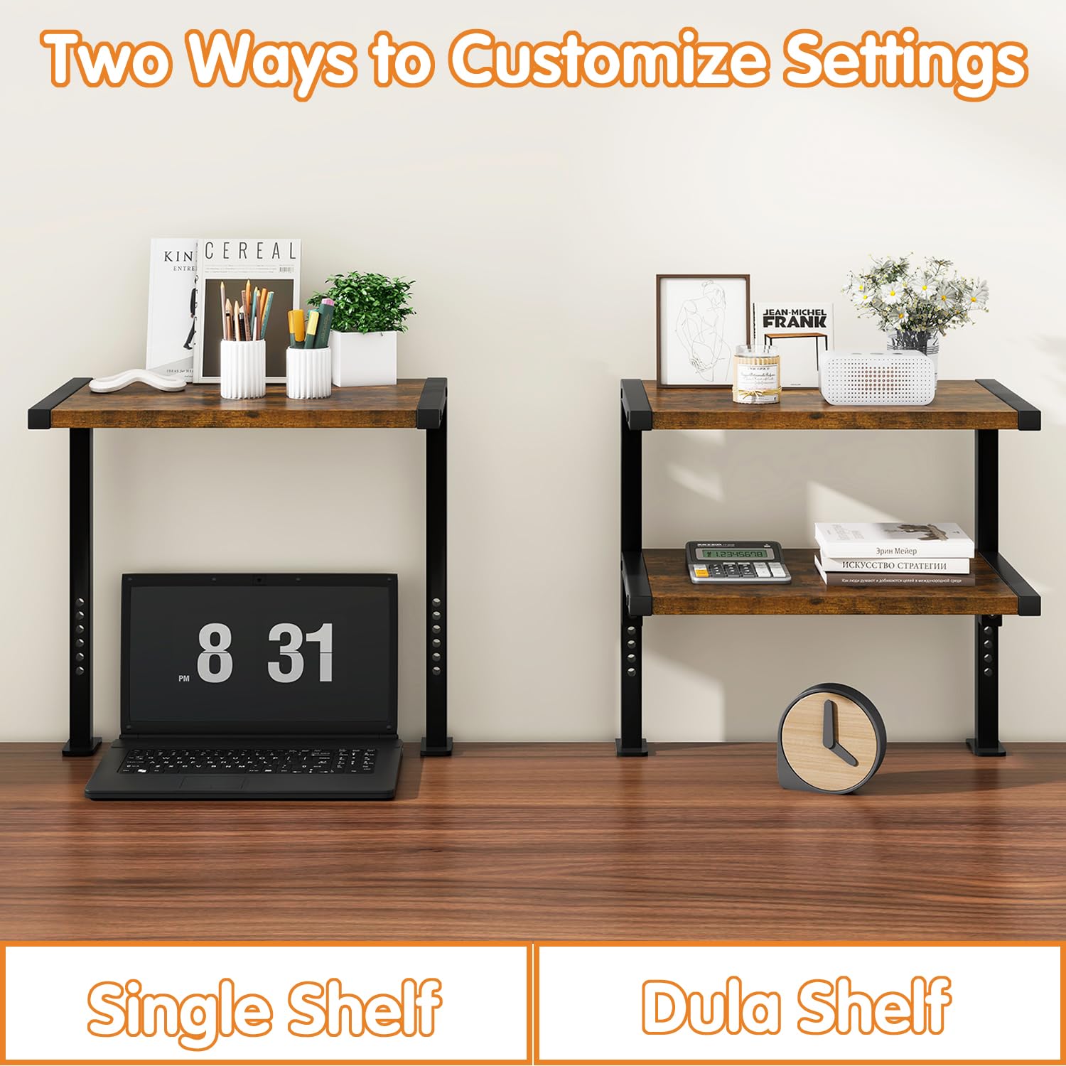 IBUYKE 12.9 Inch Adjustable Clamp-on Desk Organizer Shelf - 2-Tier Rustic Brown Storage Shelf for Office, Home & Dorm - Perfect for Books, Laptops & Desktop Accessories