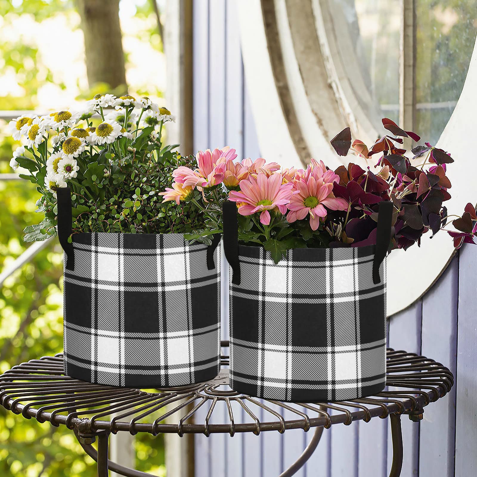 3 Gallon Grow Bags with Handles - Heavy Duty Aeration Fabric Pots for Plants, Thickened Felt Plant Containers, Farmhouse Black and White Buffalo Check Plaid - Perfect for Indoor/Outdoor Gardening, Vegetables, Flowers & Herbs