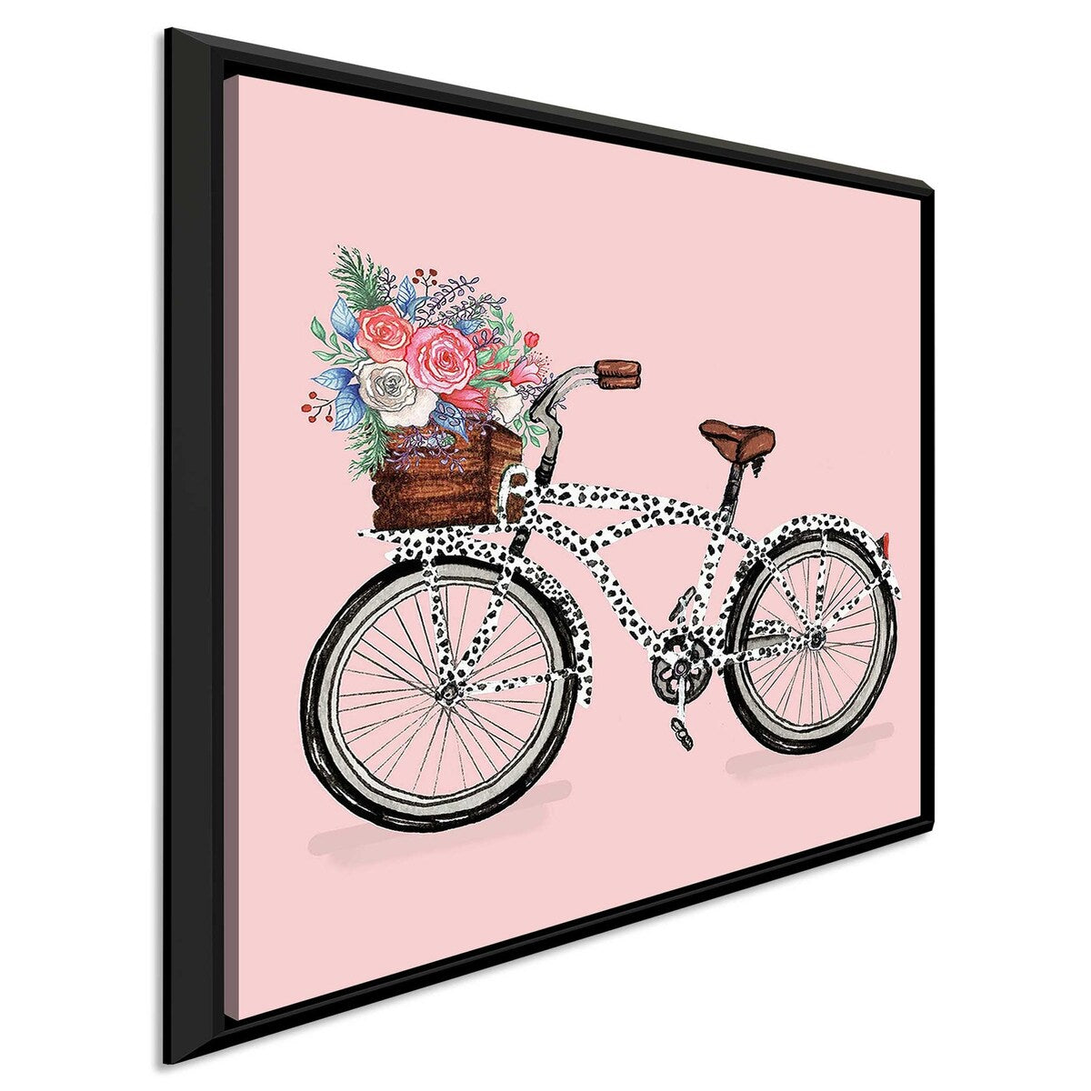 Floral Print Bicycle with Basket - Stylish Canvas Wall Art for Home, Office, and Cafe Decor
