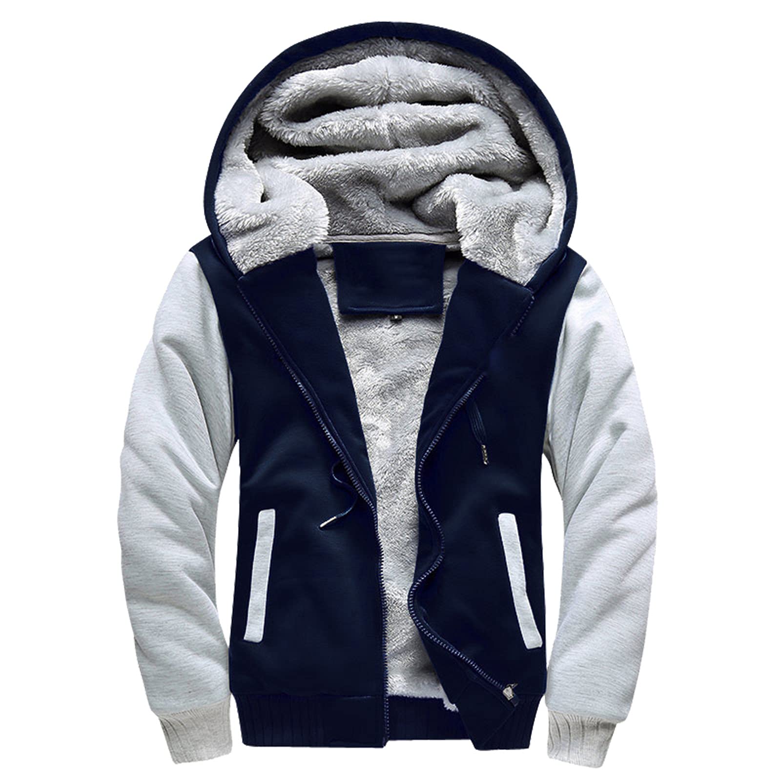 Men's Casual Plush Hooded Coat with Zipper Pockets - Long Sleeve Fleece Hoodie Sweatshirt for Winter Outdoor Activities