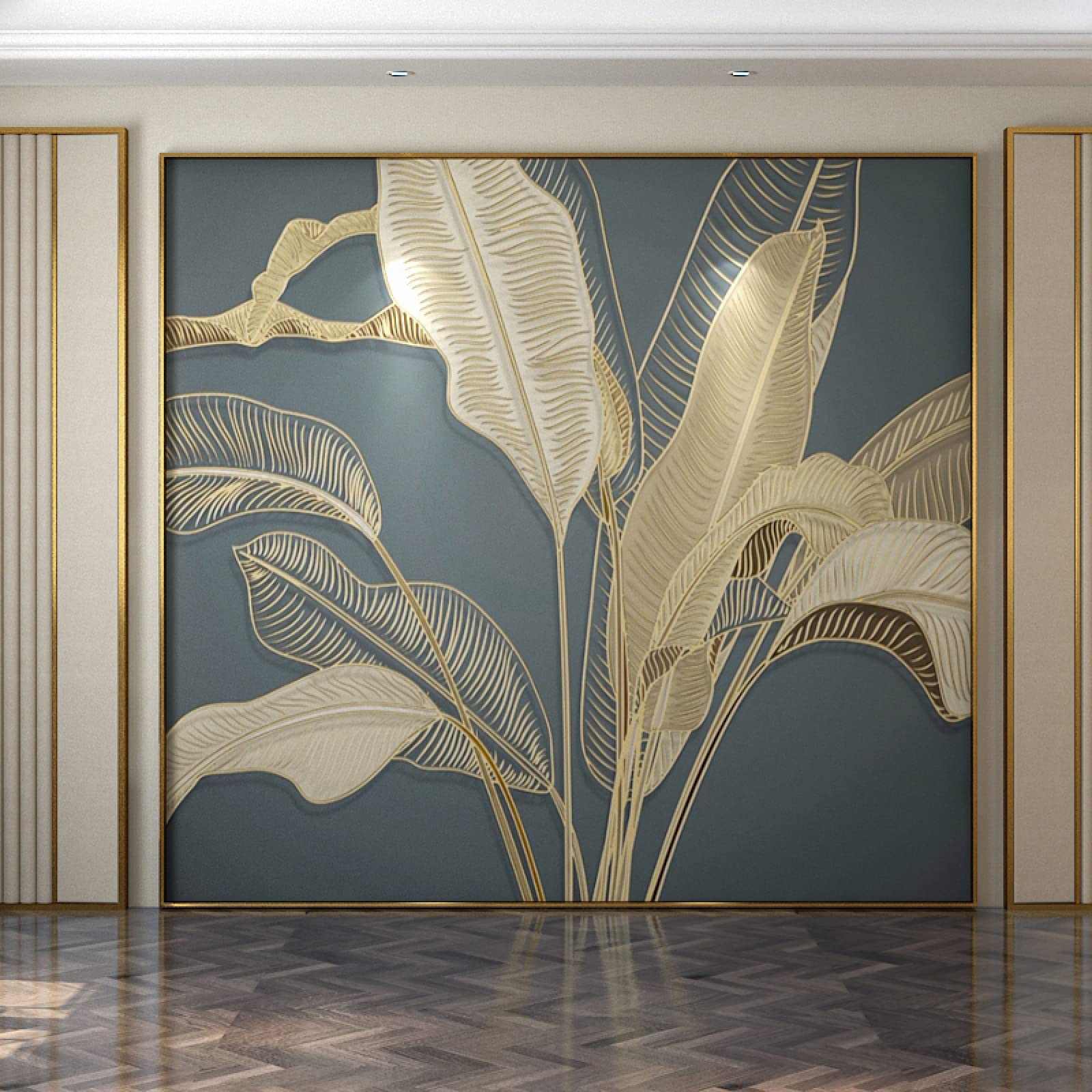 Embossed Retro Banana Leaf Wall Art Stickers Mural - Golden Texture 3D Large Wallpaper - Eco-Friendly Stain Resistant Luxury Home Decor - 157.5x110.3 inches (WxH) - Perfect for Bedroom, Living Room & Nursery Wall Painting