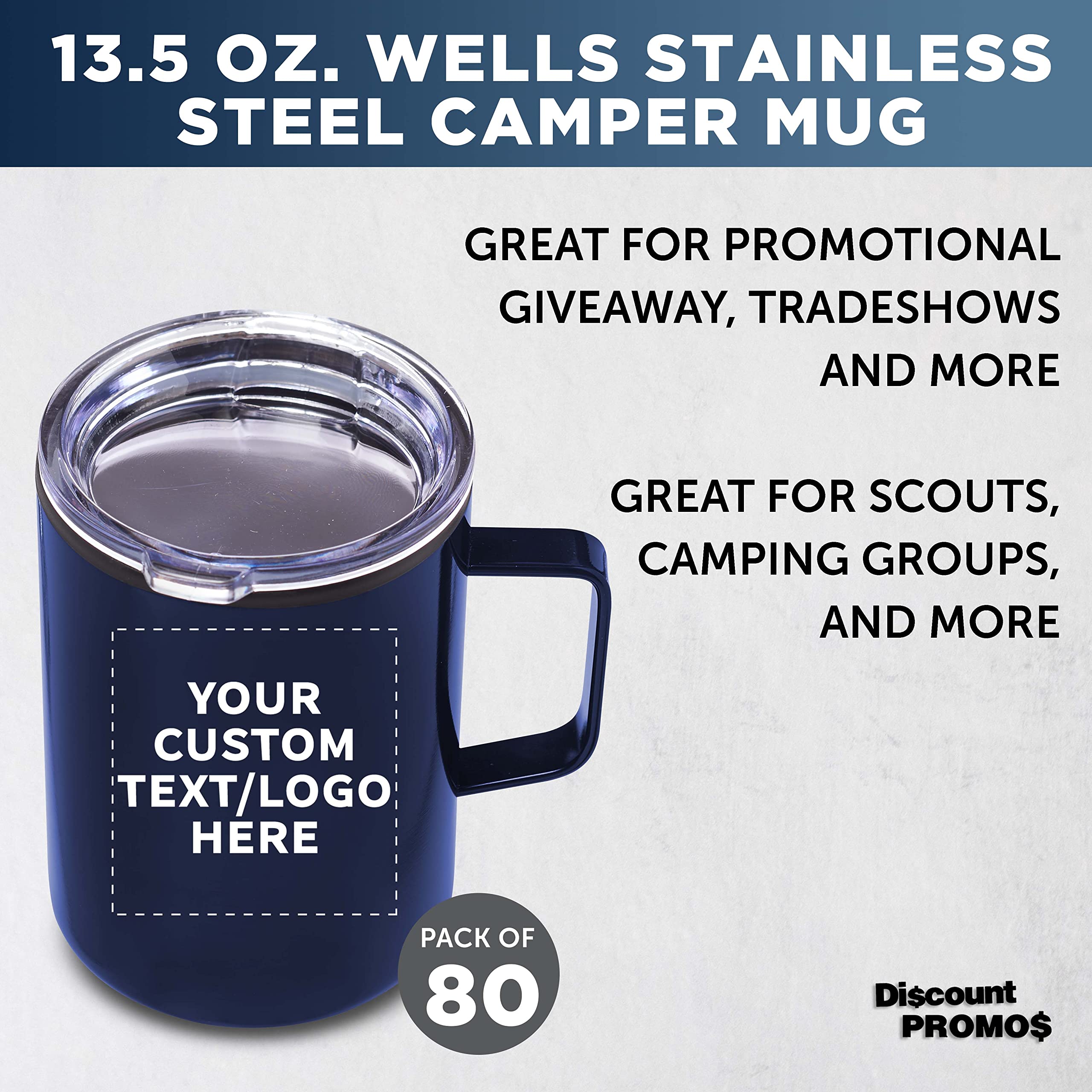 80-Pack Custom Wells Stainless Steel Camping Mugs 13.5oz - Personalized Bulk Coffee Cups for Hot & Cold Beverages (Navy Blue) - Ideal for Camping, Office Use & Outdoor Adventures