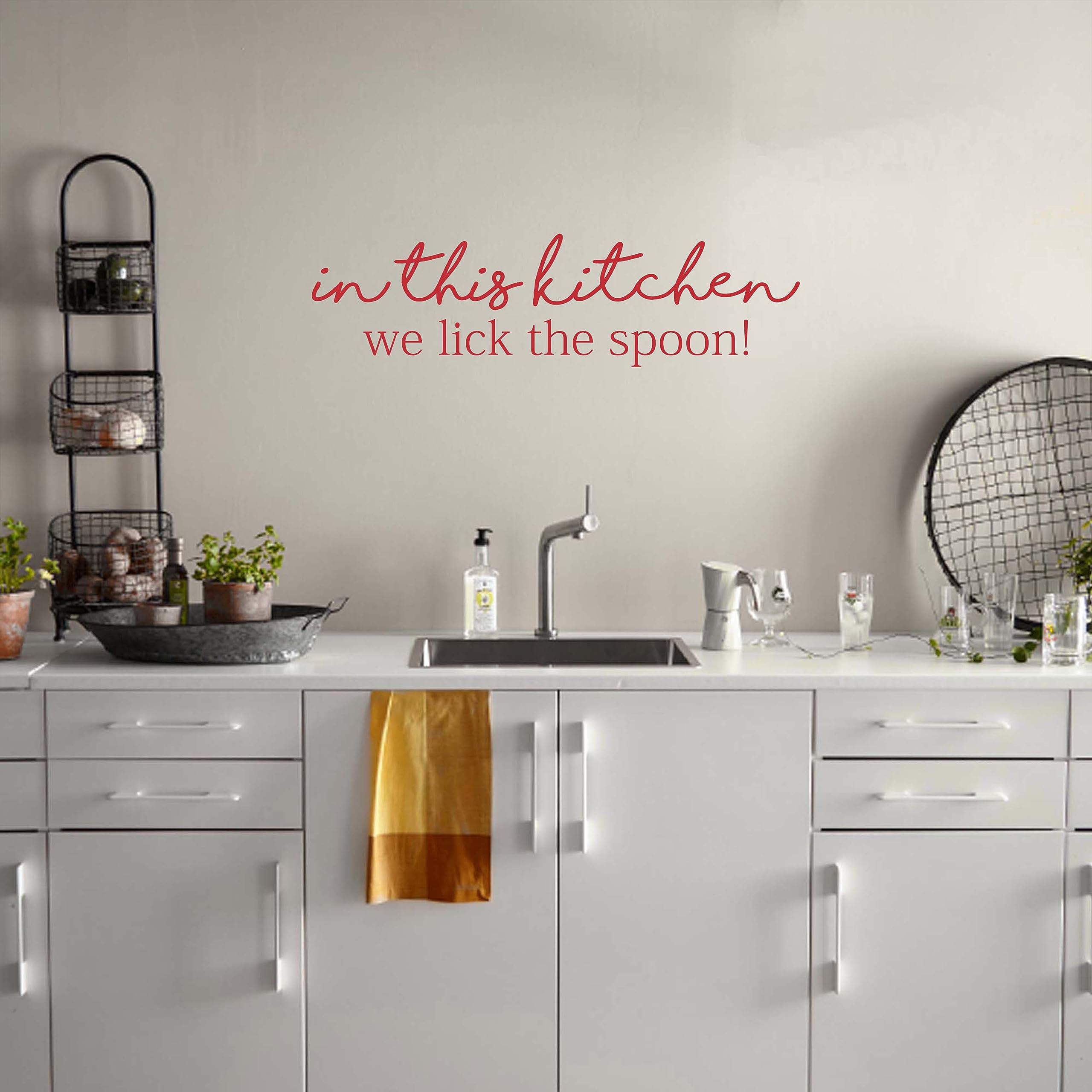 Kitchen Wall Decor Decal Sticker - 'In This Kitchen We Lick The Spoon' Funny Vinyl Sticker for Kitchen Doors & Walls | Red | Perfect for Home Decor, Gifts & DIY Kitchen Makeovers