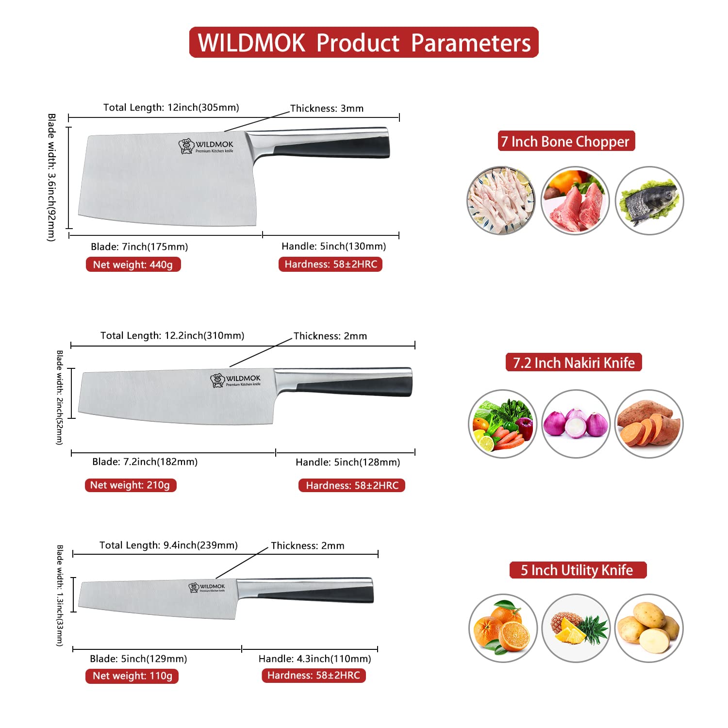 Premium WILDMOK 3-Piece Stainless Steel Kitchen Knife Set - 7