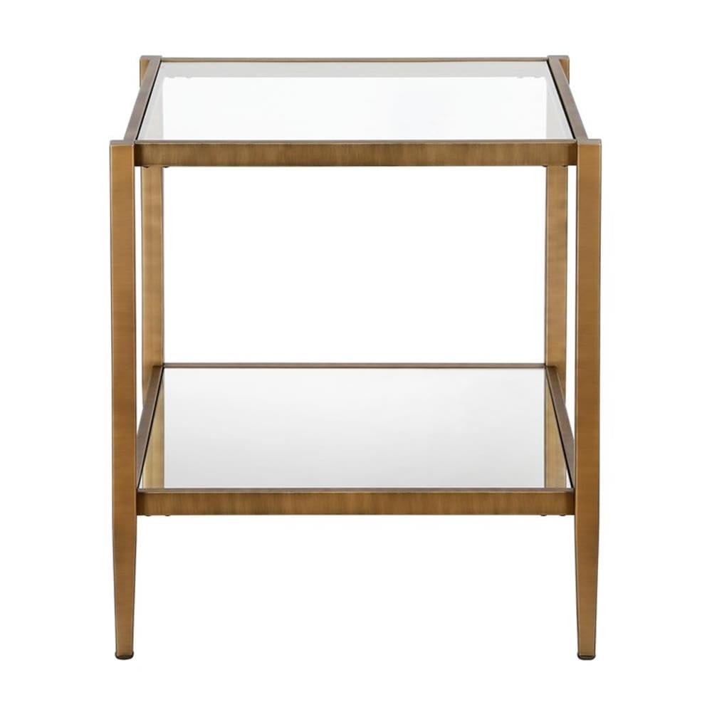Pemberly Row Modern Metal Glam Side Table with Mirrored Shelf in Brass - Elegant Nightstand for Bedroom, Living Room, or Office Decor