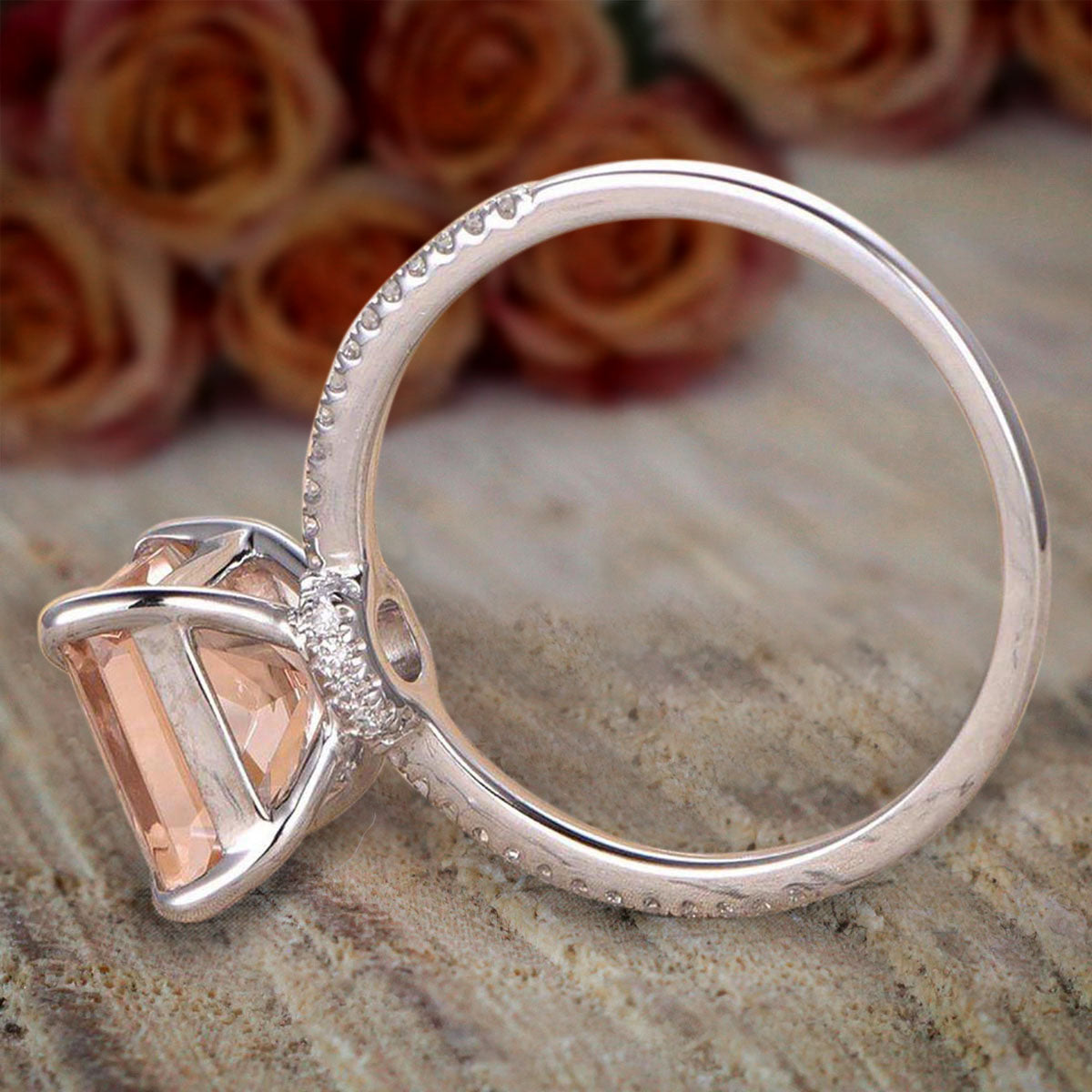 1.25 Carat Peach Pink Morganite Princess Cut Moissanite Engagement Ring in 10K White Gold - Elegant Wedding Jewelry for Brides, Anniversary Gifts & Romantic Proposals
