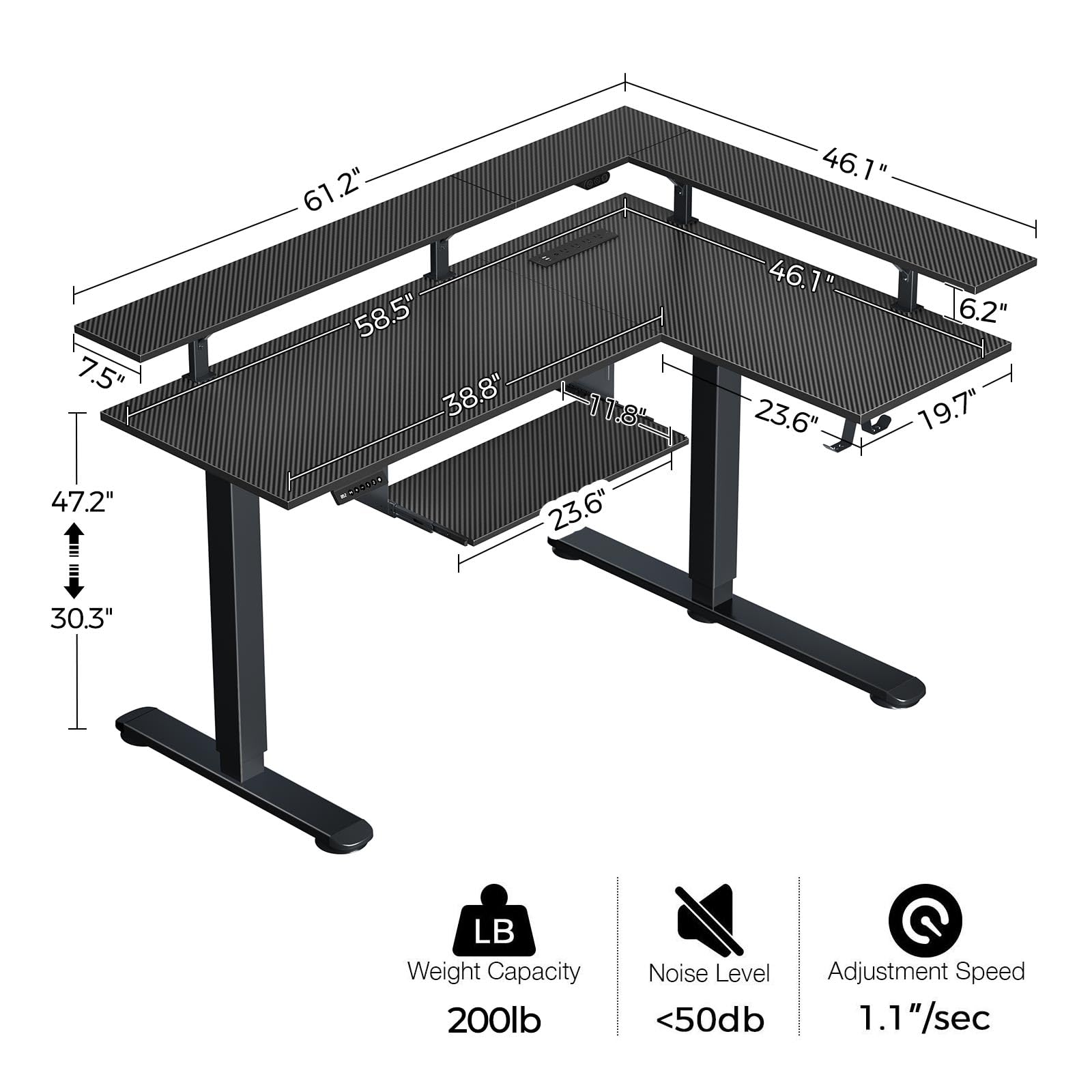 Rolanstar L-Shaped Electric Standing Desk with LED Light & Power Outlet - Dual Motor Height Adjustable Workstation with Monitor Stand & Keyboard Tray (Carbon Fiber Black) - Perfect for Home Office, Gaming Setup & Workspace Ergonomics