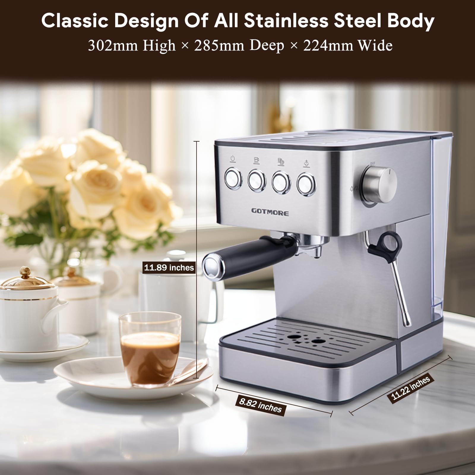 Professional Espresso Coffee Machine with Steam Milk Frother - Stainless Steel Home Espresso Maker for Cappuccino, Latte & Americano (60.8oz Removable Water Tank) | Perfect for Home Baristas & Coffee Lovers