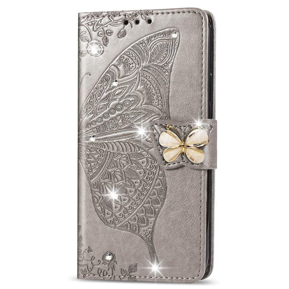 Stylish Shiny Diamond Wallet Case for iPhone XR - PU Leather Flip Cover with Credit Card Slots & Magnetic Stand | Shockproof Glitter Butterfly Gray Design | Perfect for Everyday Use, Travel & Business Meetings