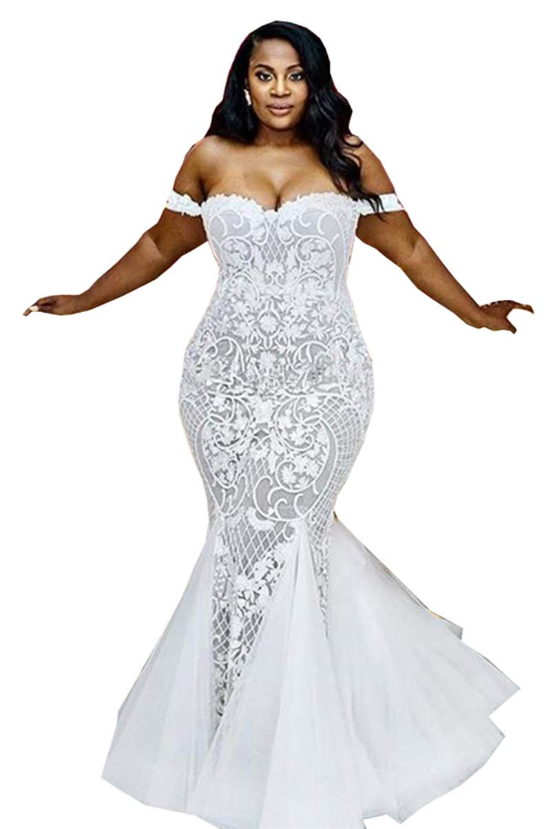 Elegant Lace-Up Corset Bridal Gown with Train | Mermaid Wedding Dress for Plus Size Brides | Perfect for Beach Weddings & Formal Ceremonies