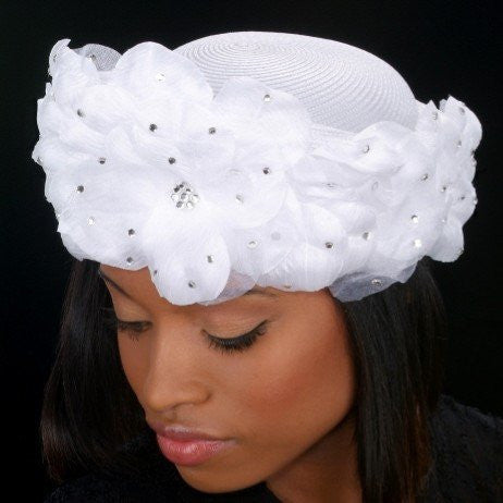Elegant White Church Hat for Women with Floral Pearls & Rhinestones - Perfect for Weddings, Sunday Services & Special Occasions