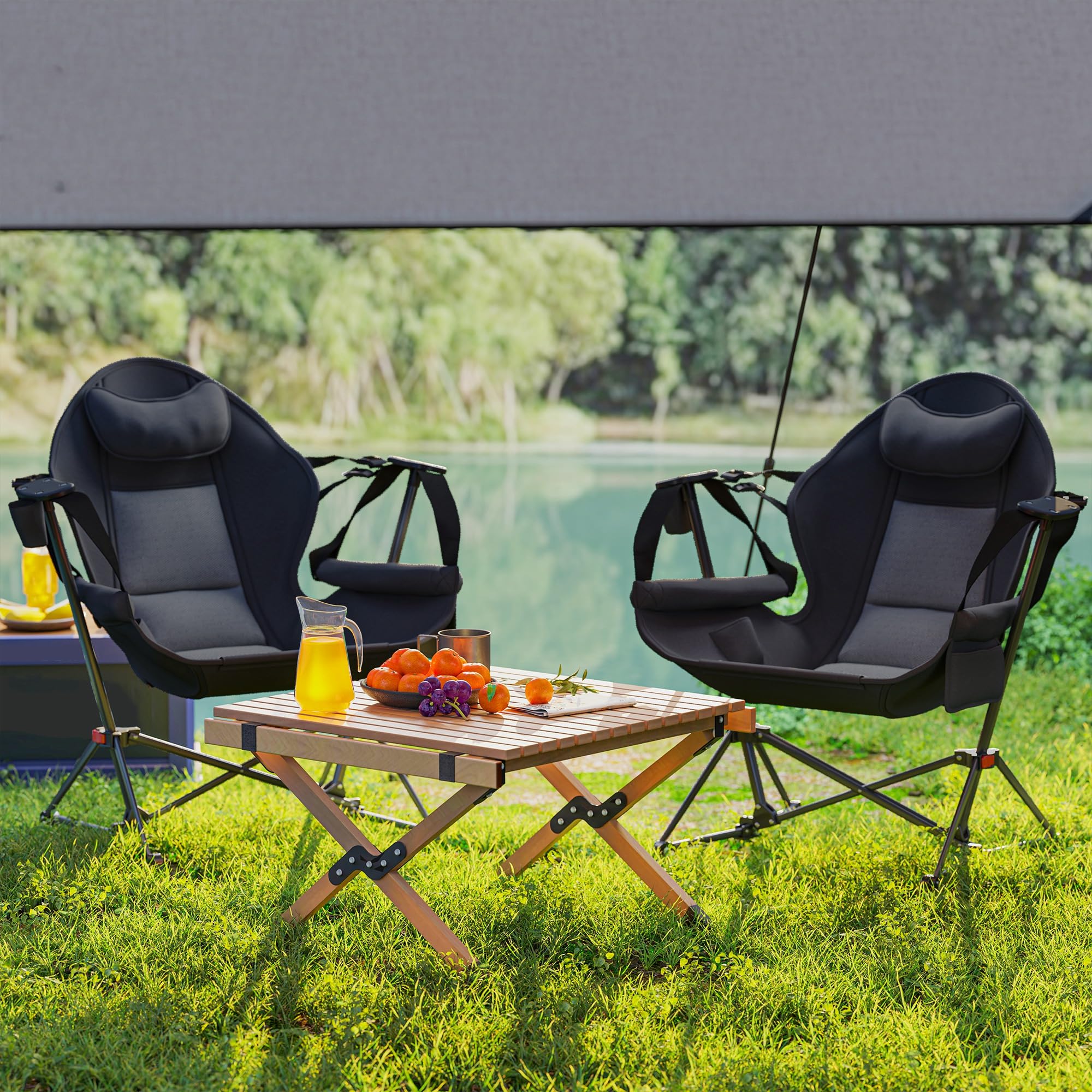 Outsunny Double Hammock Camping Chair - Adjustable Folding Rocking Chair with Cup Holder, Headrest & Padded Seat - Portable for Travel, Sports Events, Concerts, Backyard & Beach Relaxation - Black
