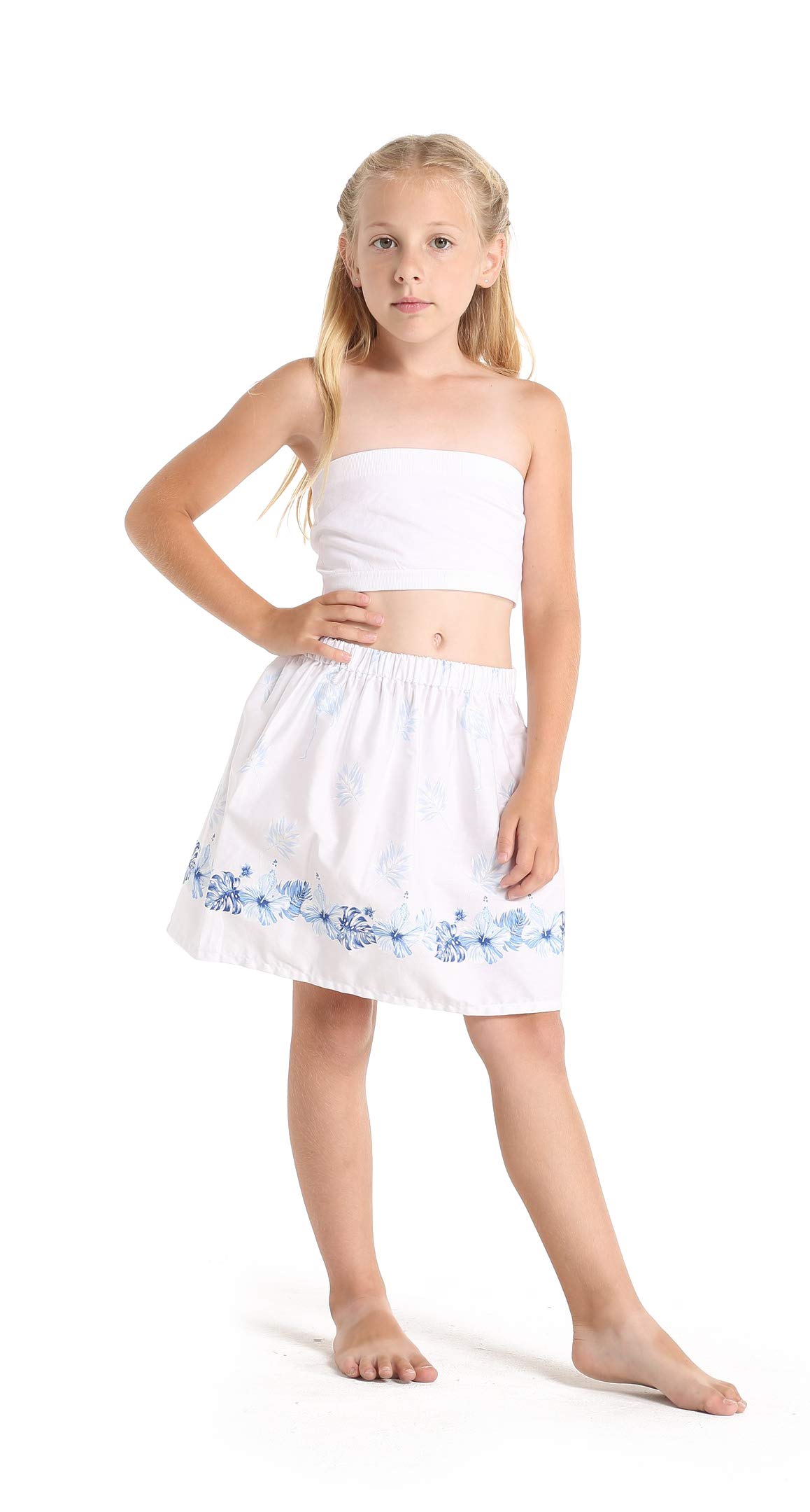 Father Daughter Matching Hawaiian Luau Dance Outfit - White & Blue Hibiscus Shirt and Skirt Set for Beach Party, Family Vacation, and Tropical Themed Events
