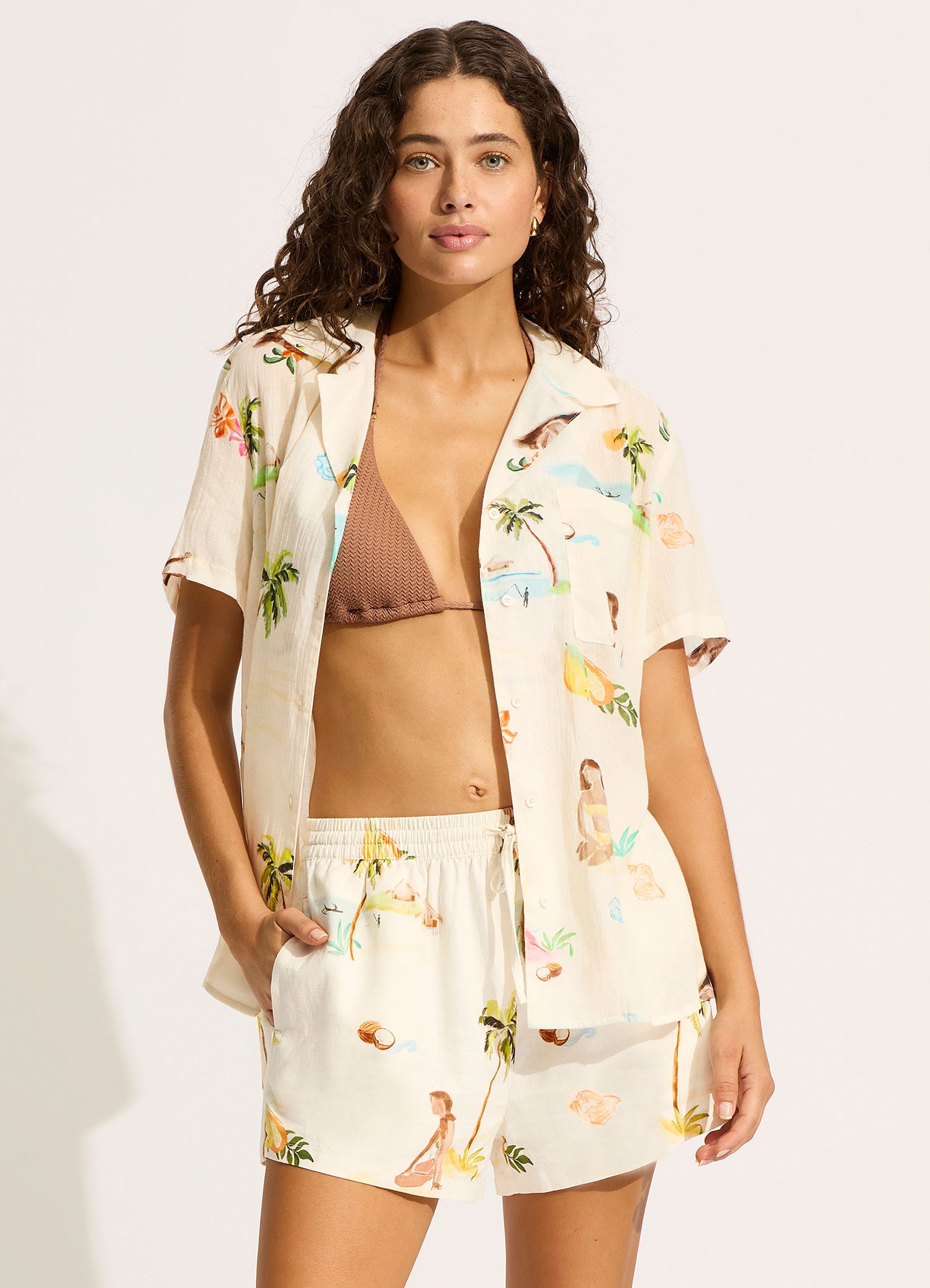 Isla Palm Longline Short Sleeve Shirt for Women - Relaxed Fit Beach Cover Up, Summer Vacation Outfit, Casual Boho Blouse in Ecru | Perfect for Beach Trips, Poolside Lounging & Tropical Getaways