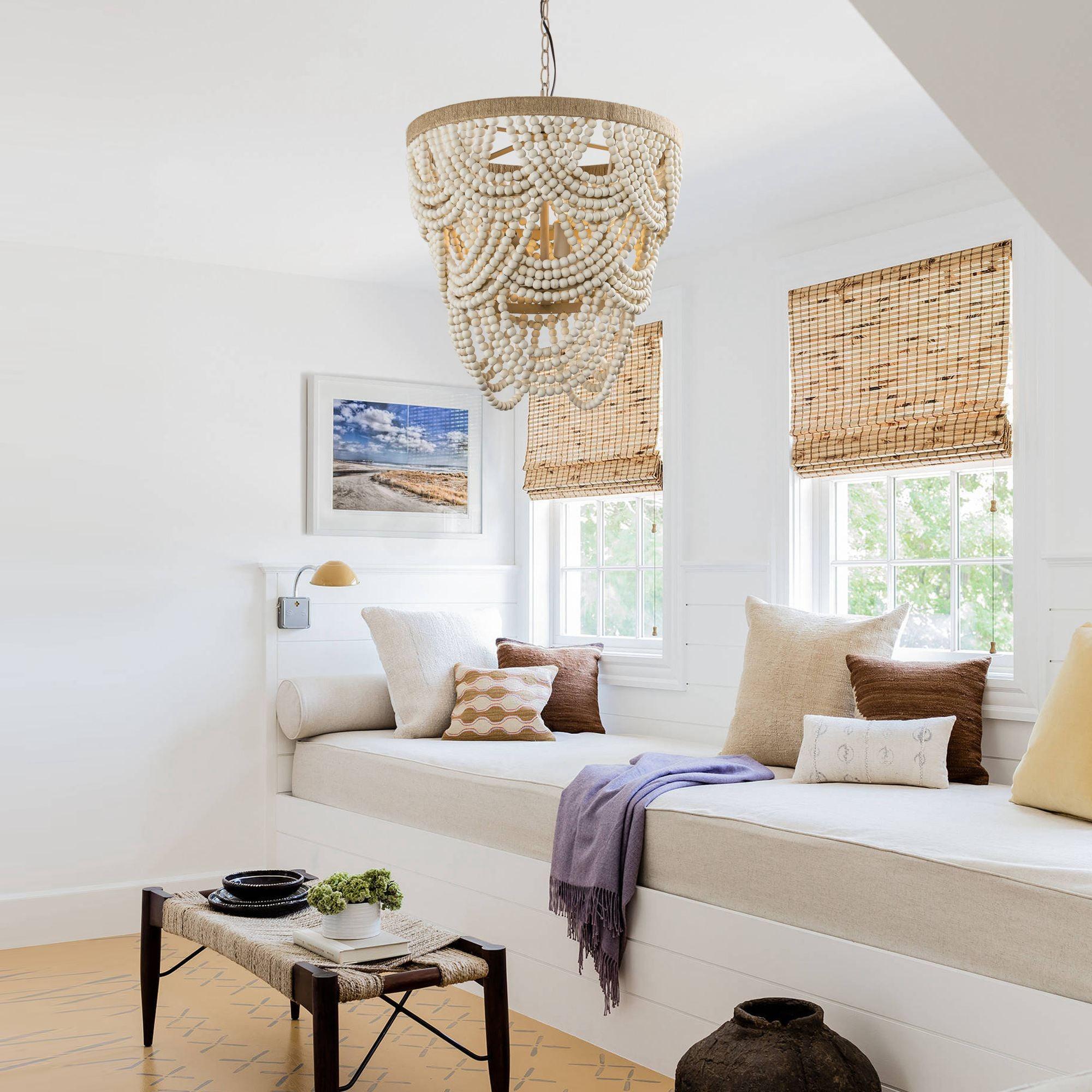 Hatfield 4-Light Bohemian Style Wood Beaded Chandelier - Elegant Ceiling Lighting Fixture for Dining Room, Bedroom or Living Room Decor