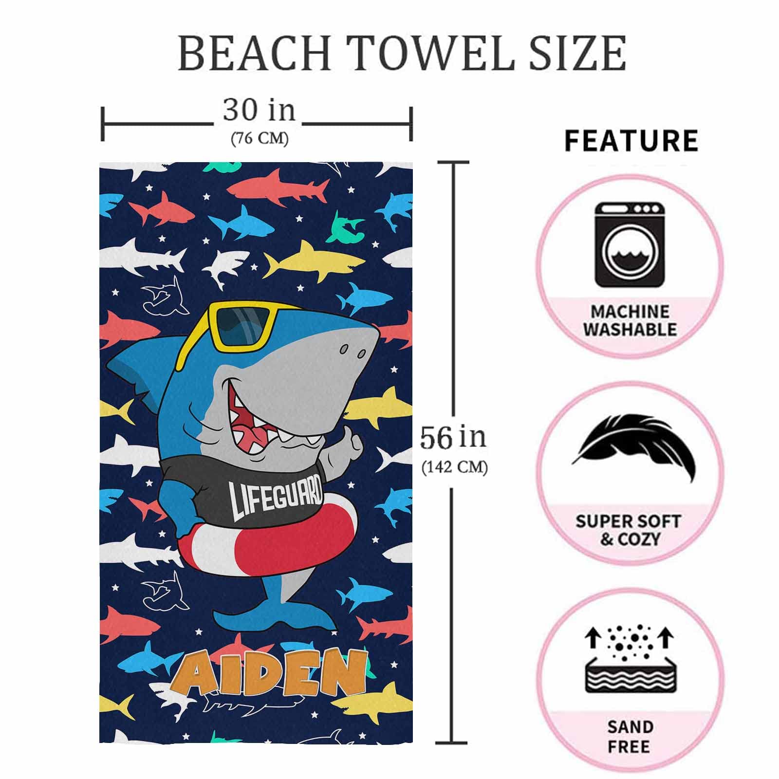 YESCUSTOM Personalized Kids Beach Towels - 100% Absorbent Cotton Cute Cartoon Shark Design, 30