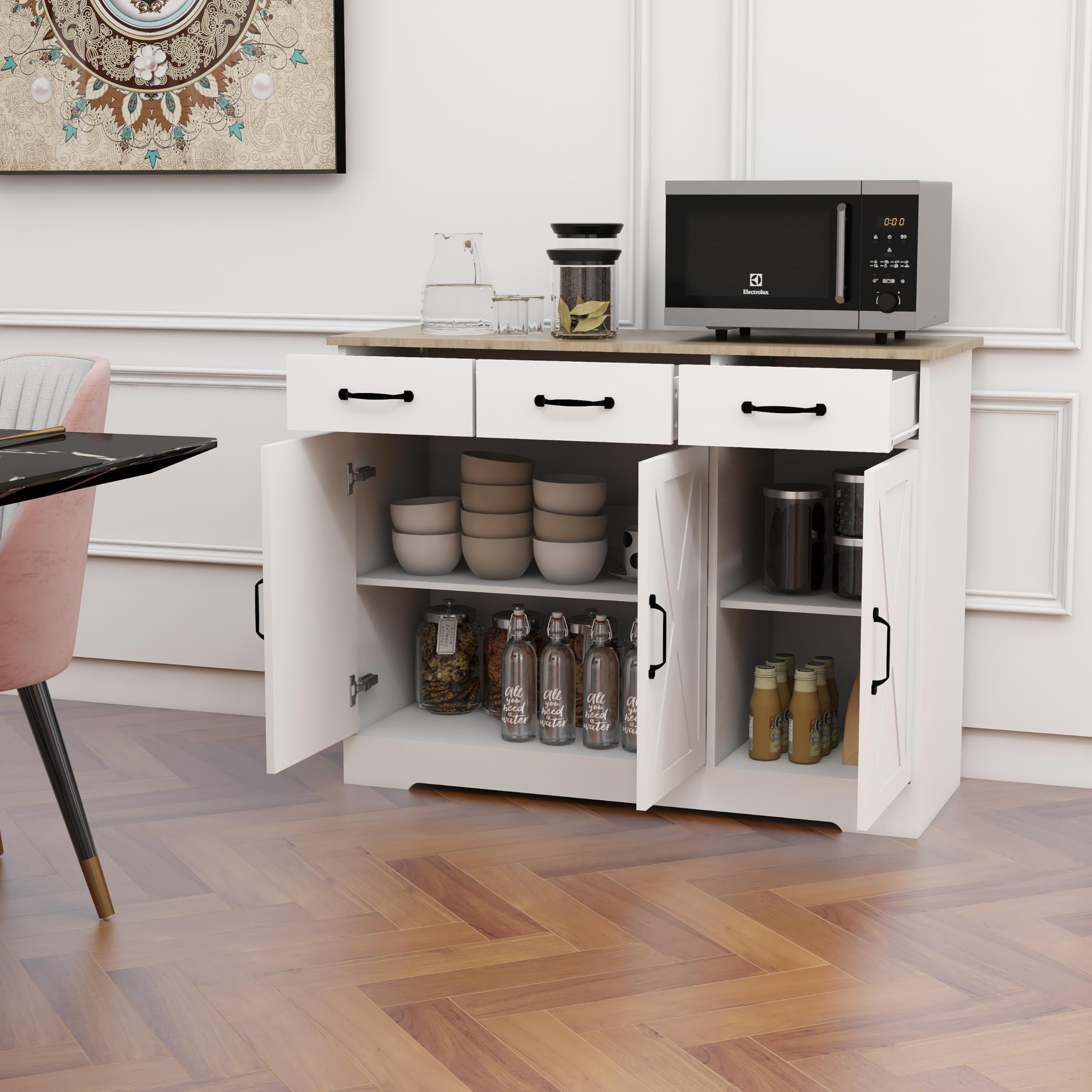 RASOO White 3-Door Sideboard Buffet Cabinet with 3 Drawers - Farmhouse Style Kitchen Storage Cabinet with Cross Doors for Dining Room, Living Room & Home Decor - Perfect for Entertaining Guests & Organizing Dishes
