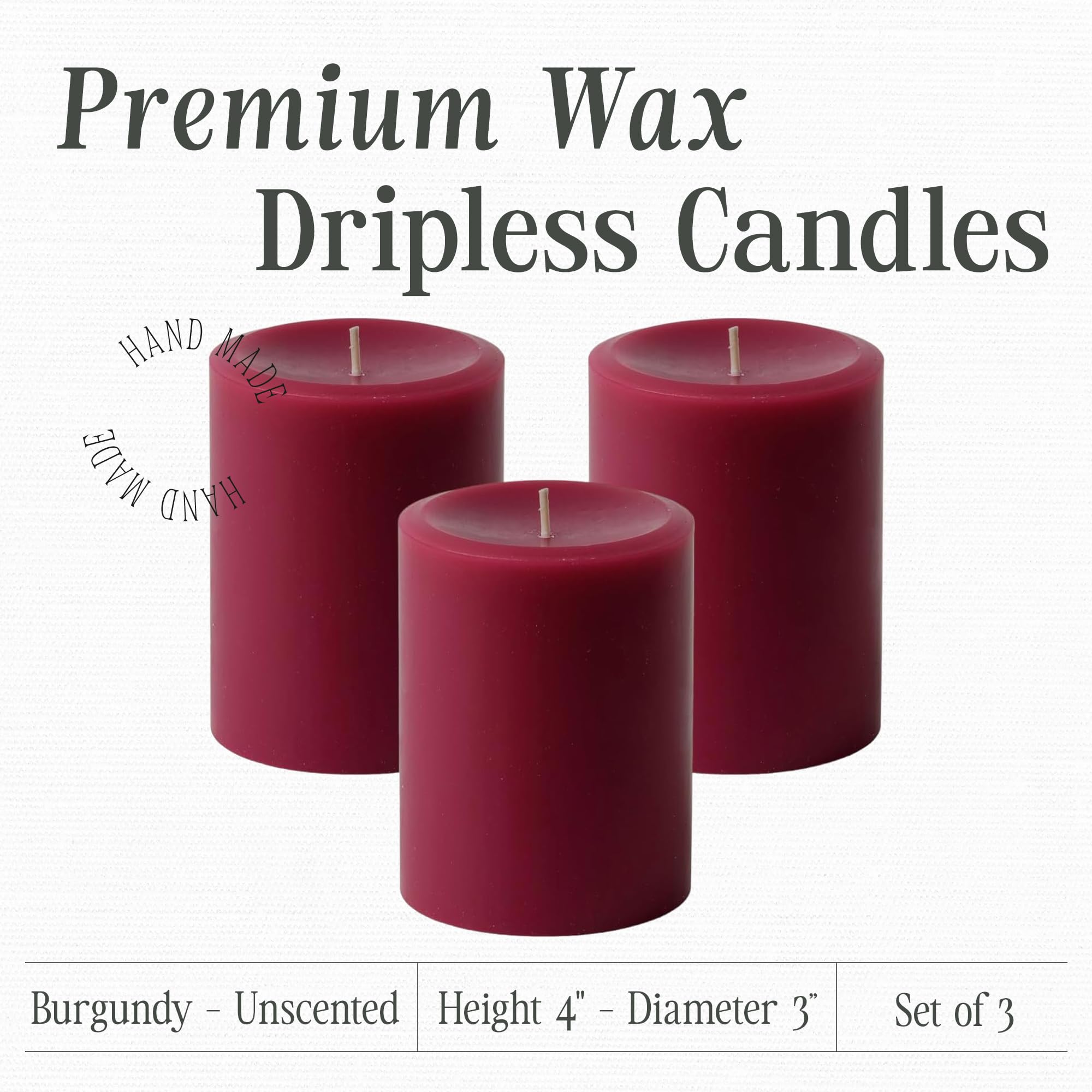 Premium Unscented Pillar Candles Set of 3 - Dripless Hand-Poured Burgundy Candles for Home Decor, 60-Hour Burn Time, 3x4 Inch - Perfect for Weddings, Romantic Dinners & Cozy Ambiance
