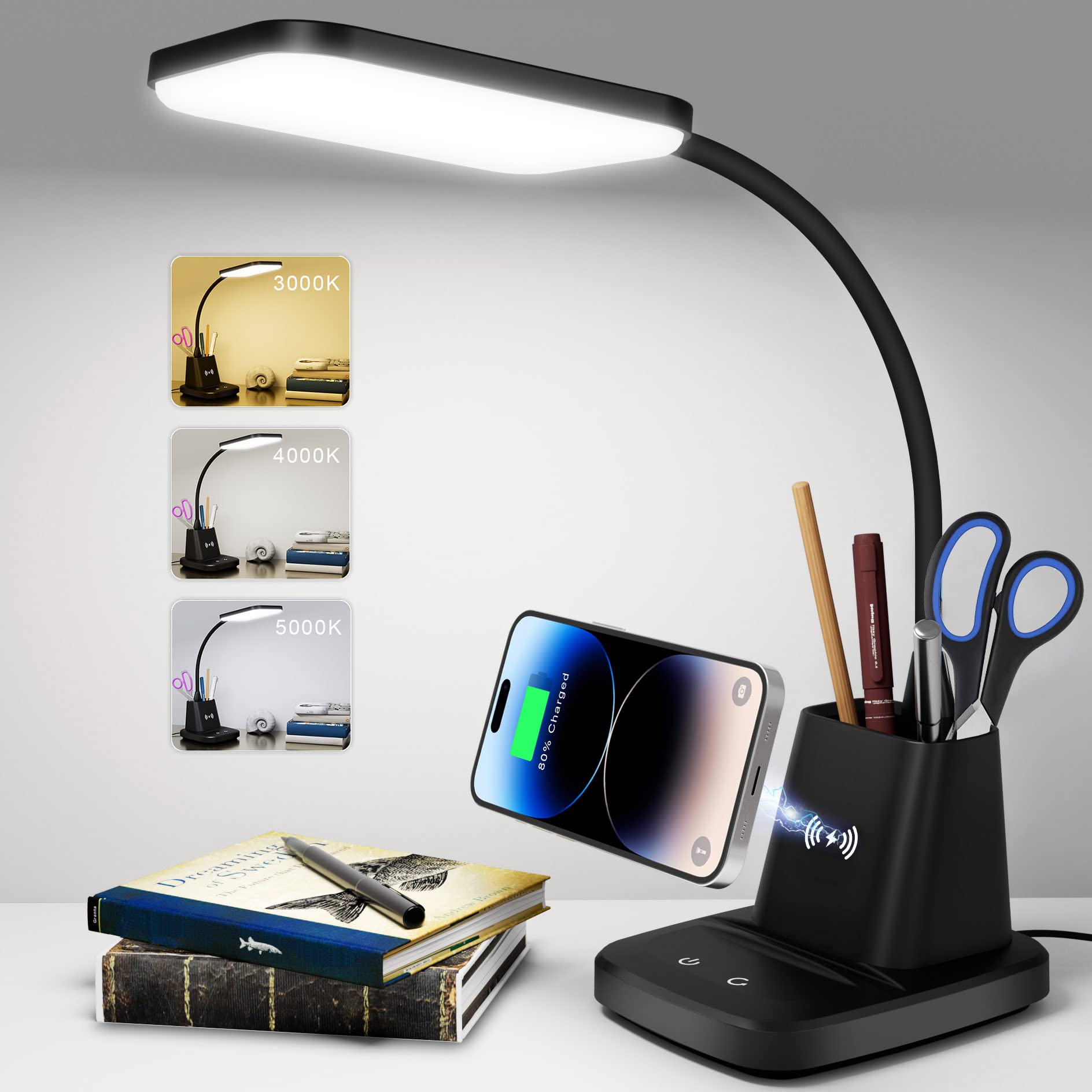 Sailstar LED Desk Lamp with Wireless Charger & Pen Holder - 3 Color Modes, Dimmable, 800LM, CRI85 - Perfect for Home Office, Study & College Dorm Room (Black, Adapter Included)