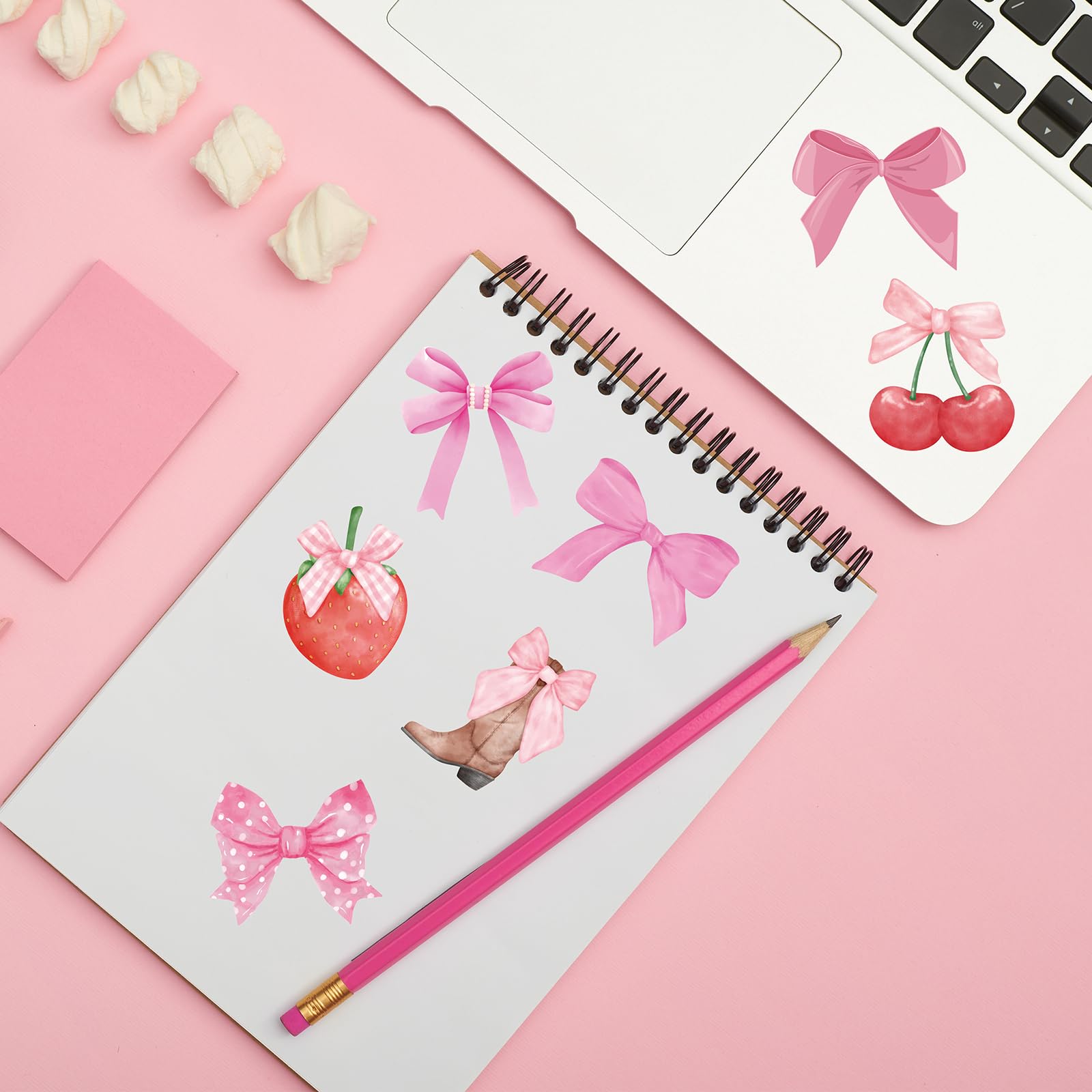 100 Pcs Pink Coquette Bow Stickers - Cute Aesthetic Y2K Cherry Cowgirl Boot Strawberry Waterproof Vinyl Decals for DIY Crafts, Water Bottles, Phone Cases & Journal Decor - Perfect for Teen Girls Room, School Supplies & Party Favors