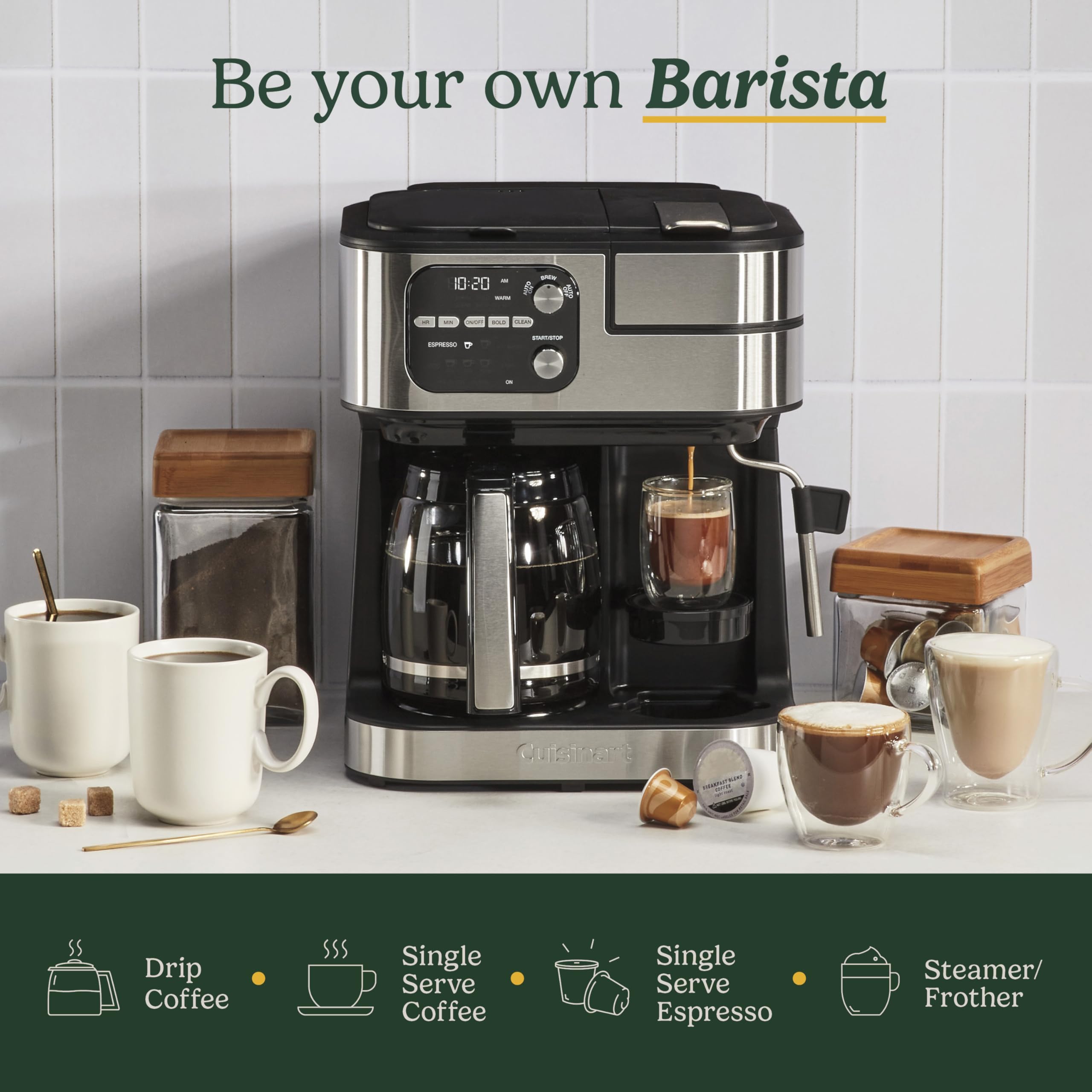 Premium Cuisinart 4-in-1 Coffee Maker Machine - Single Serve, Espresso & Nespresso Capsule Compatible with 12-Cup Glass Carafe (Black, SS-4N1NAS) - Perfect for Home Barista, Office Coffee Station & Entertaining Guests