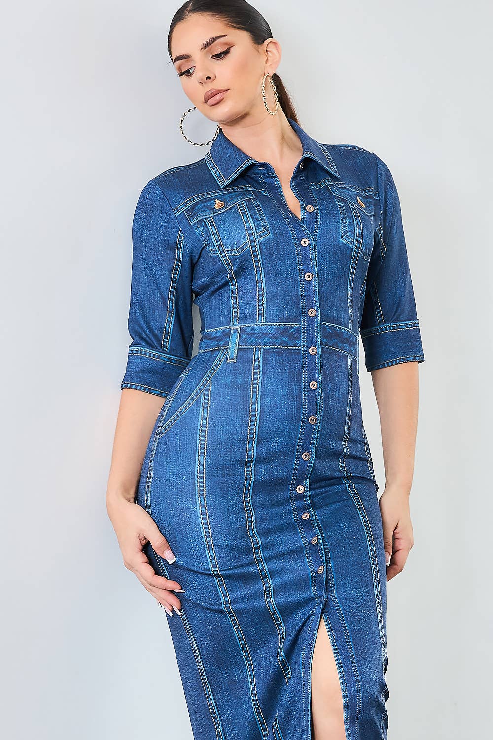 Stylish Denim Print Midi Dress for Women - Casual Summer Floral Wrap Dress with Pockets | Perfect for Beach Outings, Date Nights & Weekend Brunch