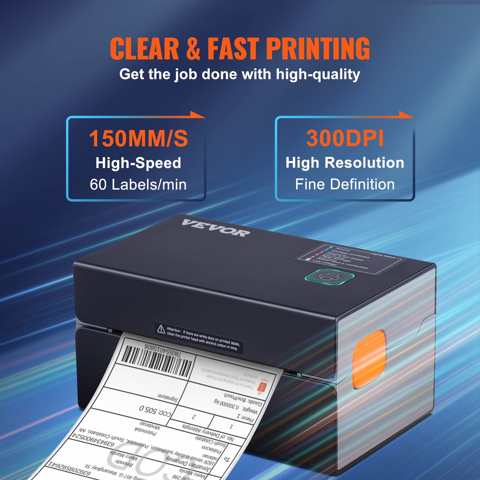 VEVOR 4x6 HD 300DPI Thermal Label Printer for Shipping & Barcodes - Auto Label Detection, USB & Wireless, Works with Windows/Mac/Linux/Chromebook - Perfect for Amazon FBA, eBay, Shopify, Etsy, USPS, UPS, FedEx - Home Office & Small Business Packaging Solution