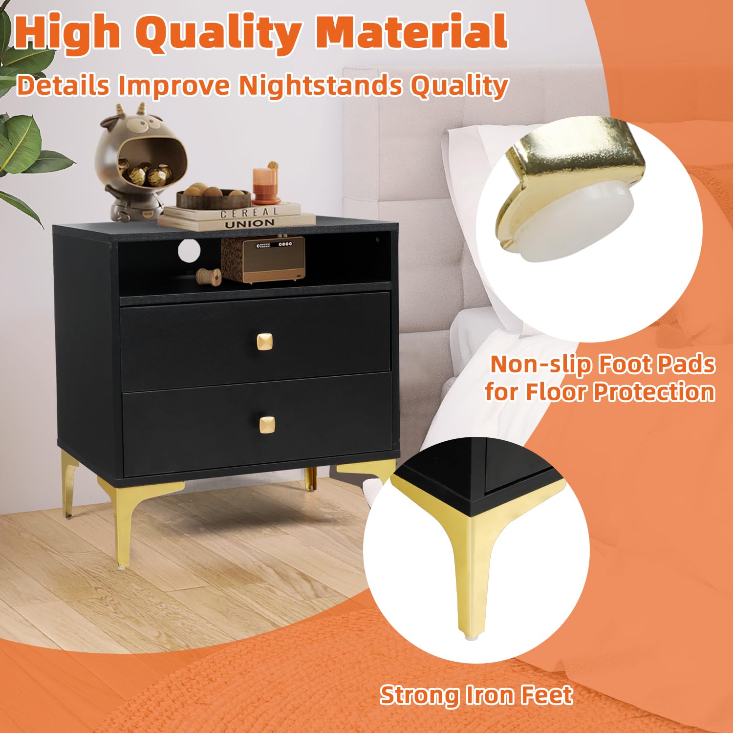 AILEEKISS Modern Nightstand Set of 2 with Wireless Charging Station - Wooden Bedside Tables with 2 Drawers & Storage - Black Contemporary Bedroom Furniture for Living Room, Guest Room & Dorm (Perfect for Charging Phones, Storing Books & Bedside Essentials)