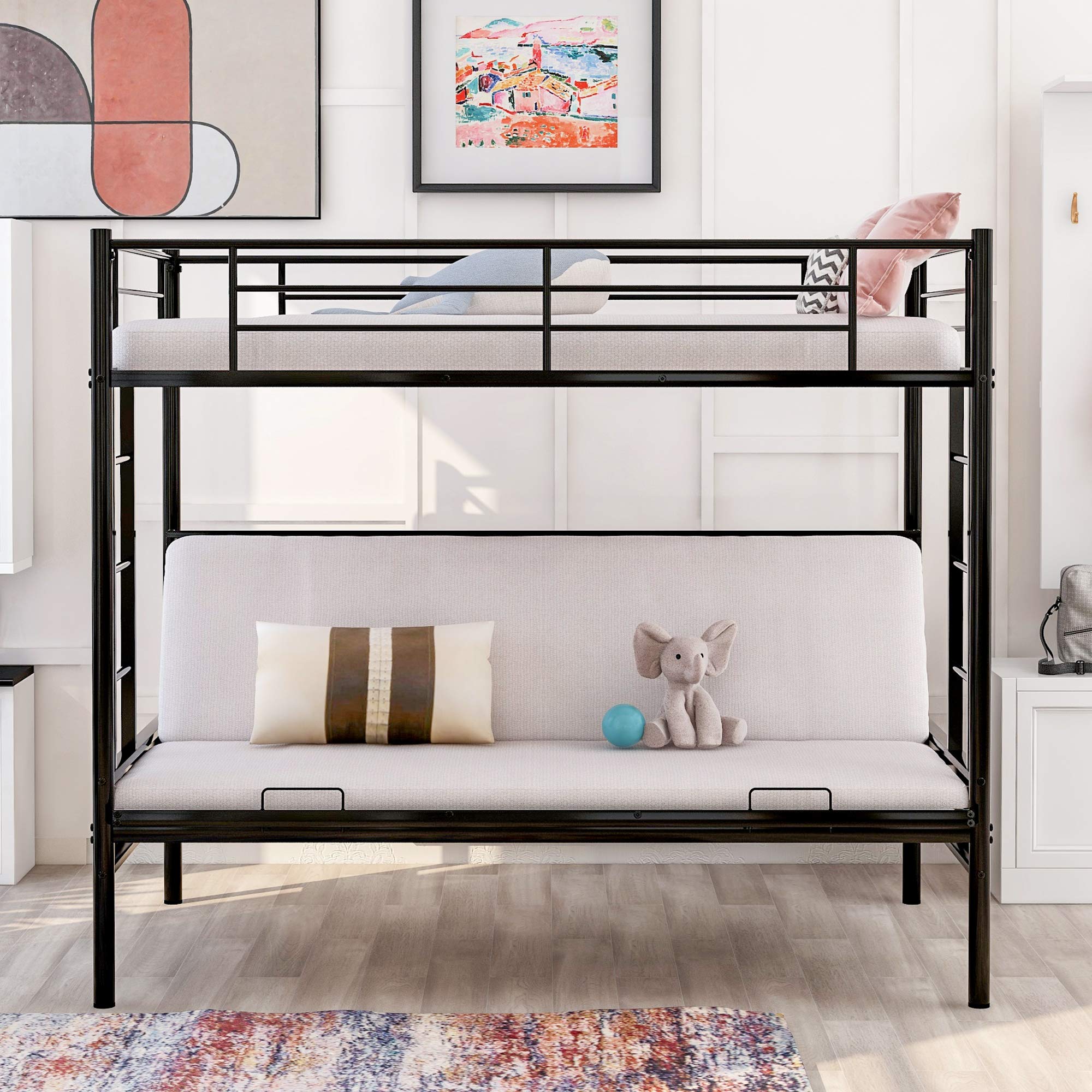 Convertible Metal Bunk Bed - Twin Over Full with Ladders & Guardrail for Kids' Bedroom