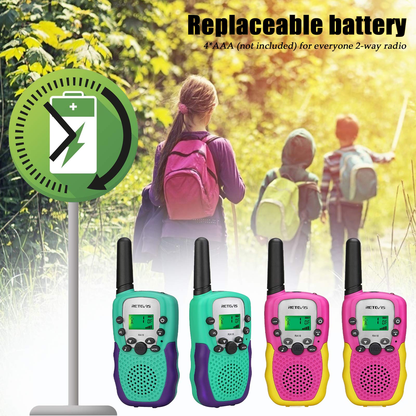 Retevis RA18 Kids Walkie Talkies 4 Pack - 22 Channel LCD Flashlight Toy Radios for Boys & Girls Ages 6-12, Long Range Communication for Family Camping, Outdoor Adventures & Birthday Parties (Pink & Green)