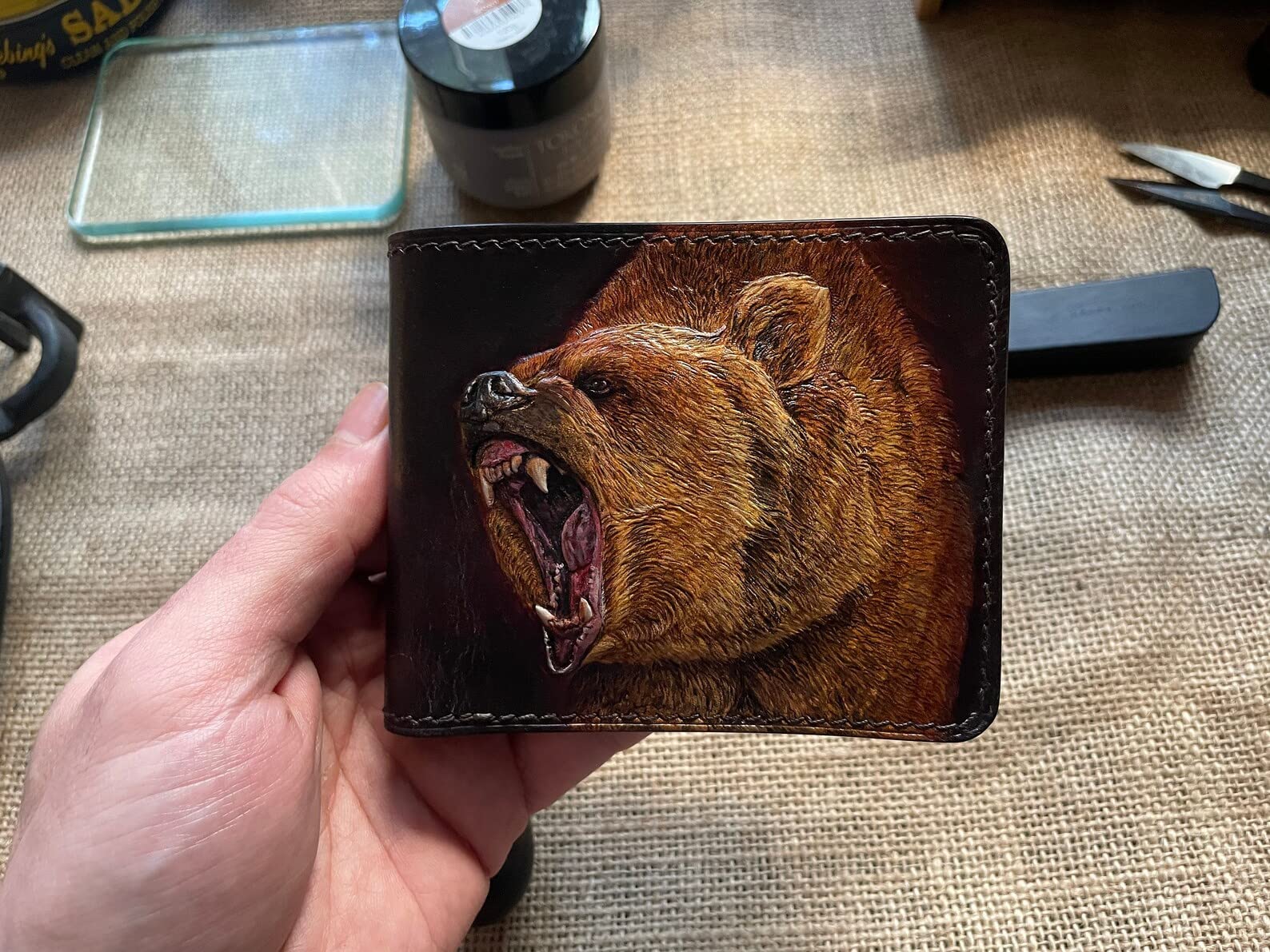 Handcrafted 3D Genuine Leather Bear & Forest Hunting Bifold Wallet - Custom Carved Airbrush Art for Men | Perfect Gift for Outdoorsmen & Nature Lovers