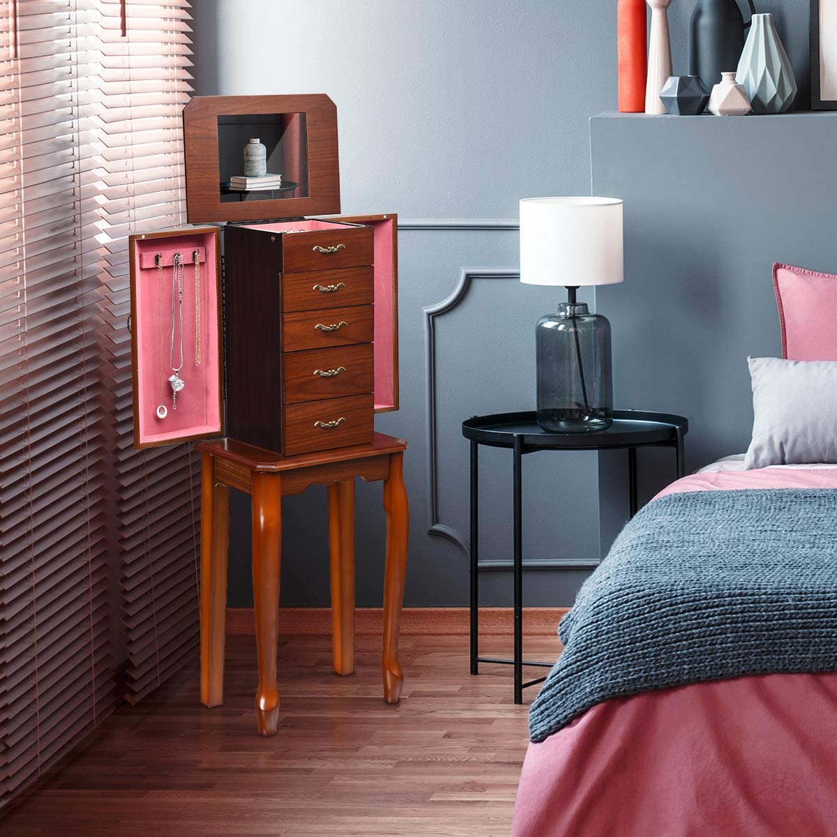 Wooden Jewelry Storage Chest with Flip Top Mirror - Standing Jewelry Armoire Cabinet with 4 Drawers, 2 Side Doors & 6 Necklace Hooks | Jewelry Organizer for Women | Perfect Gift for Her | Bedroom, Dressing Room & Closet Organization