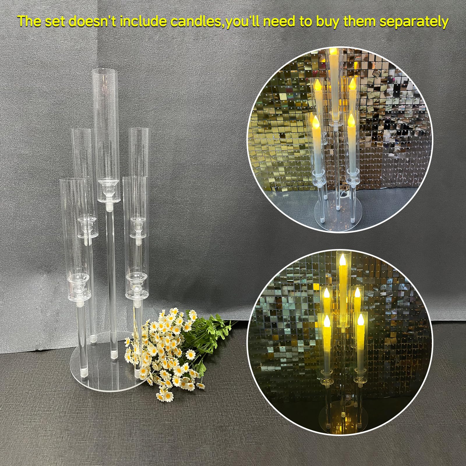 4-Piece Acrylic Candelabra Centerpiece Set - 5-Arm Clear Candlestick Holders with Acrylic Shades for Wedding, Valentine's Day & Dinner Party Decor - Perfect for Table Centerpieces, Fireplace Displays & LED Candle Holders