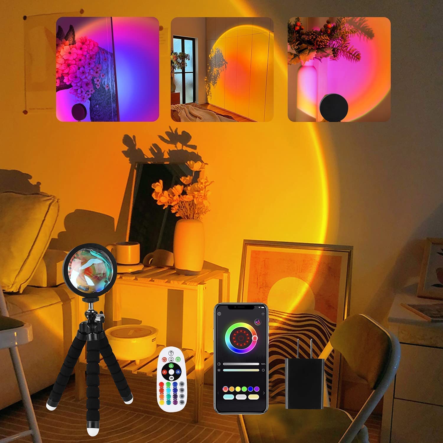Upgraded Smart 16-Color LED Sunset Projection Lamp with APP & Remote Control - 360° Rotating Sunlight Lamp for Photography, Home Decor, Parties & Mood Lighting (Includes USB Charger) - Perfect for Bedroom Ambiance, Romantic Dates & Social Media Content Creation