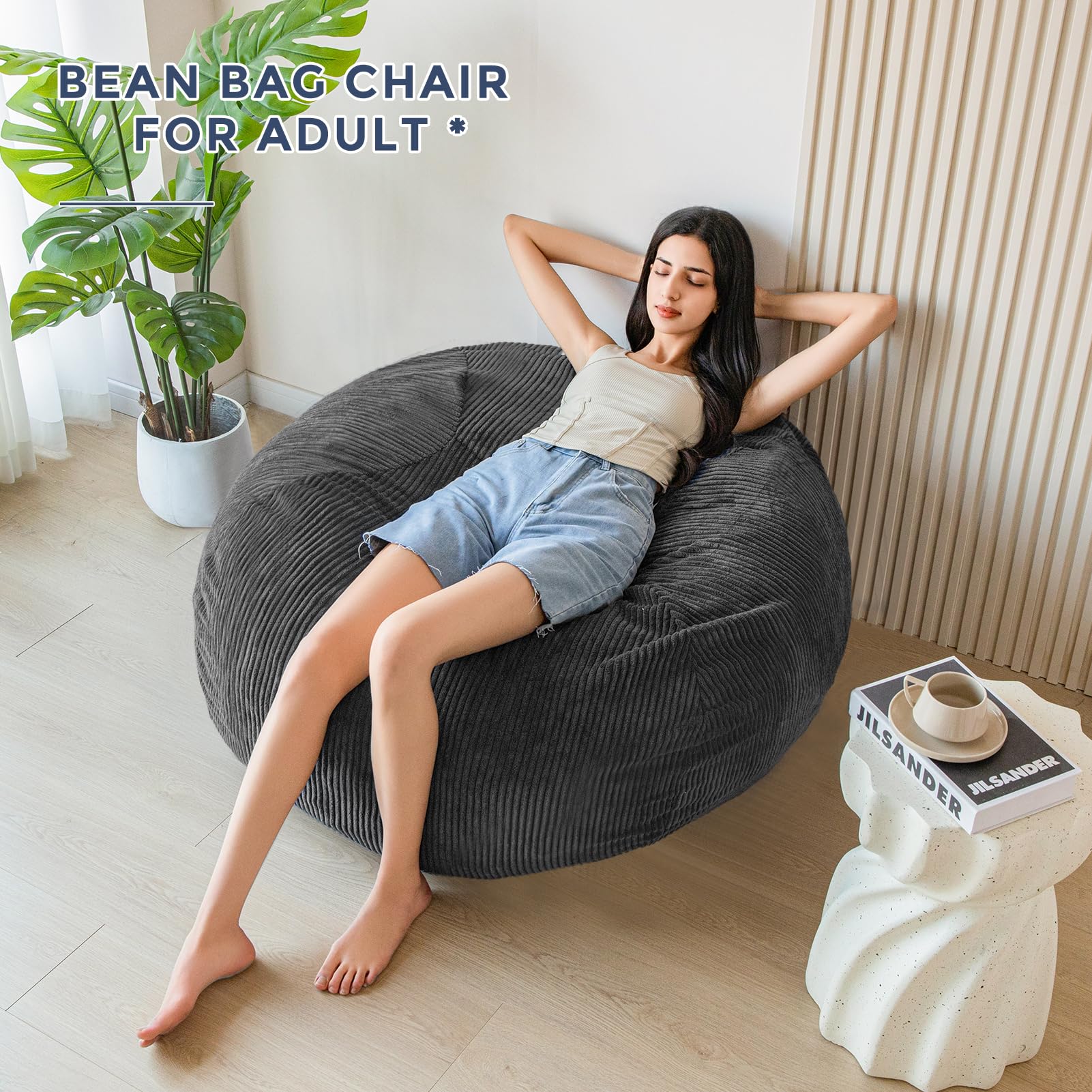 MAXYOYO 3ft Corduroy Bean Bag Chair for Adults - Ultra Soft Fur Lazy Sofa in Dark Grey | Perfect for Living Room, Bedroom & Game Room Relaxation