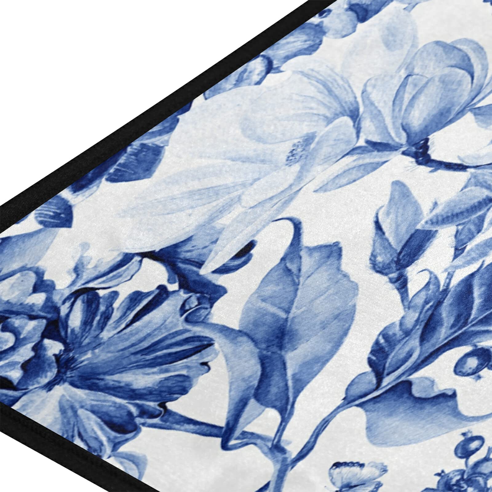 Non-Slip Washable Kitchen Rugs - Absorbent Blue Floral Mats for Sink Area, Farmhouse & Bathroom Use