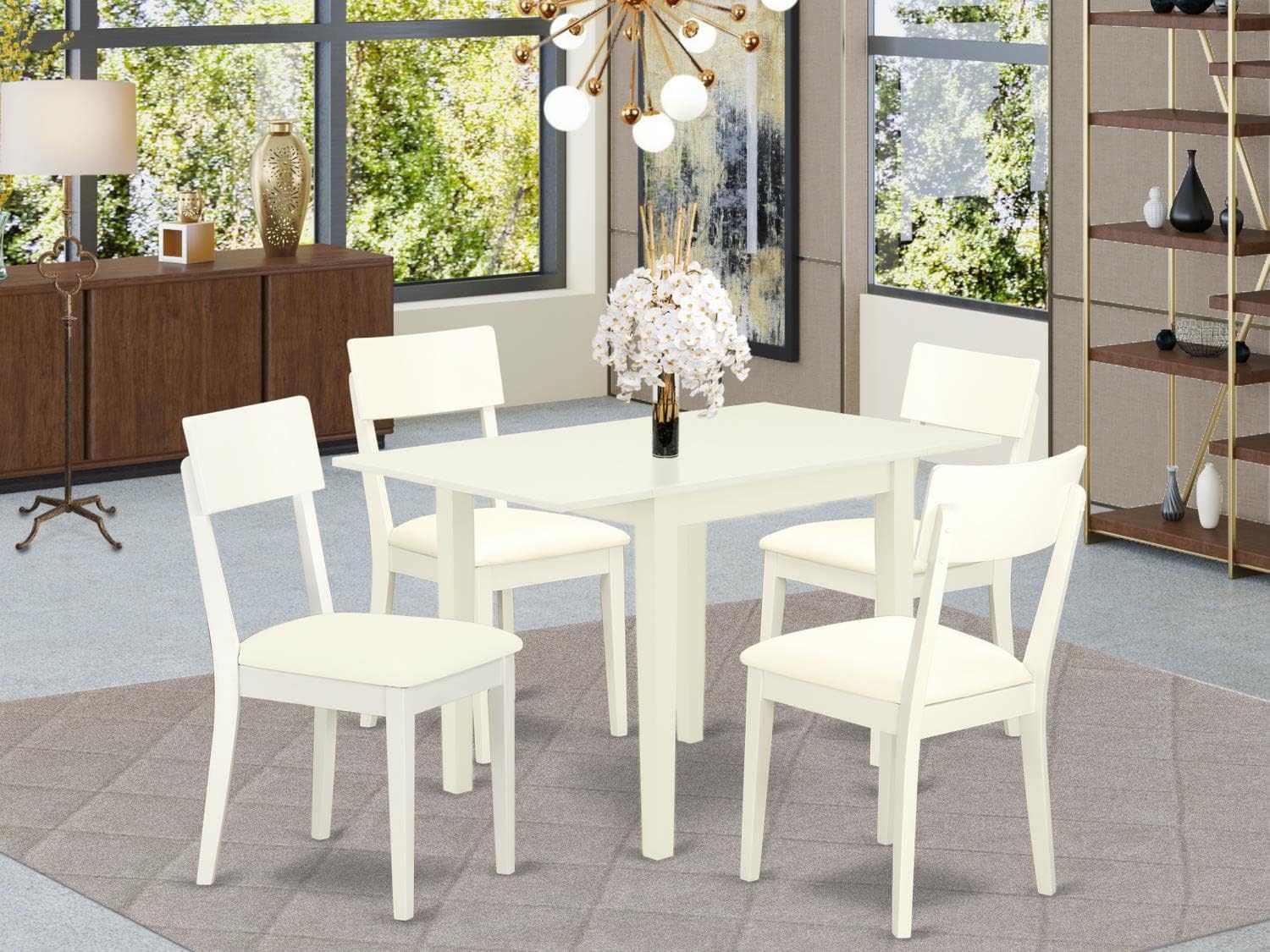 East West Furniture 5-Piece Dining Room Set with Drop-Leaf Table & 4 Faux Leather Chairs, 30x48 Inch, Linen White - Perfect for Small Spaces, Breakfast Nooks & Cozy Family Meals