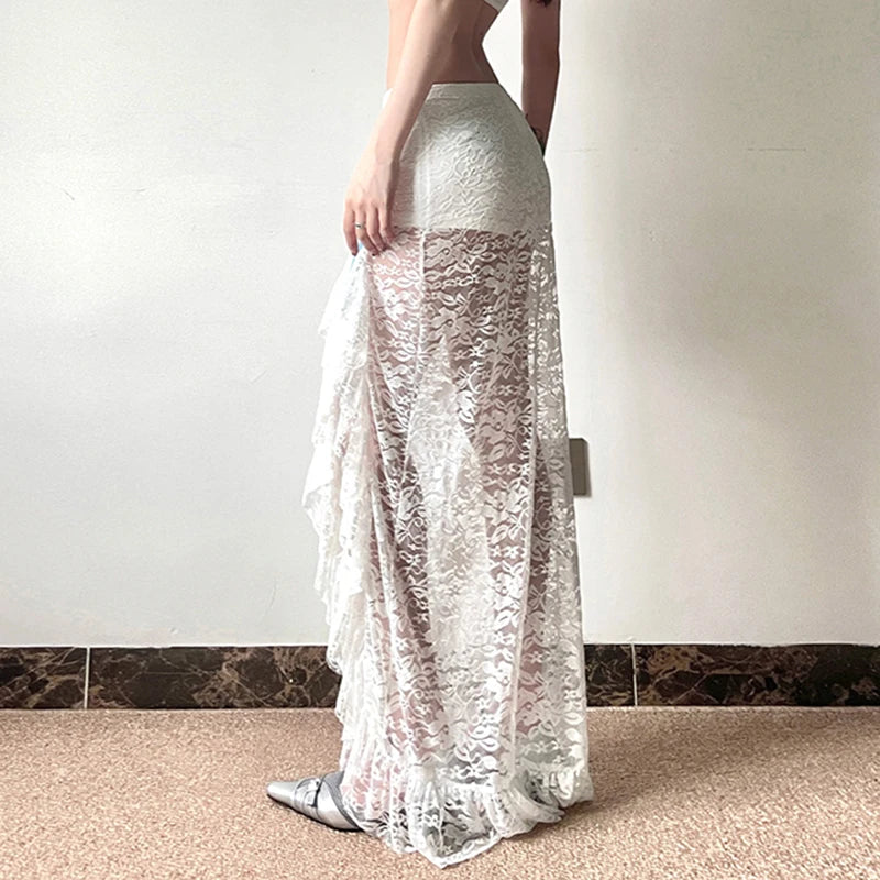 Elegant Asymmetrical White Lace Skirt for Women - Bow Ruffles, See-Through Split Design, Korean Style Party Long Skirt | Perfect for Evening Events, Date Nights, and Special Occasions
