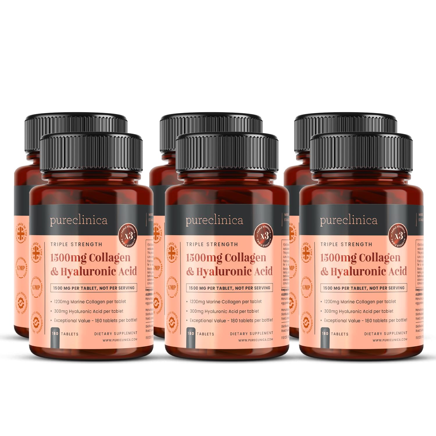1500mg x 1080 UltraColl Collagen & Hyaluronic Acid Tablets - 1200mg Collagen & 300mg HA per Tablet (6 Bottles x 180 Tablets) | 18 Month Supply for Joint Support & Skin Hydration