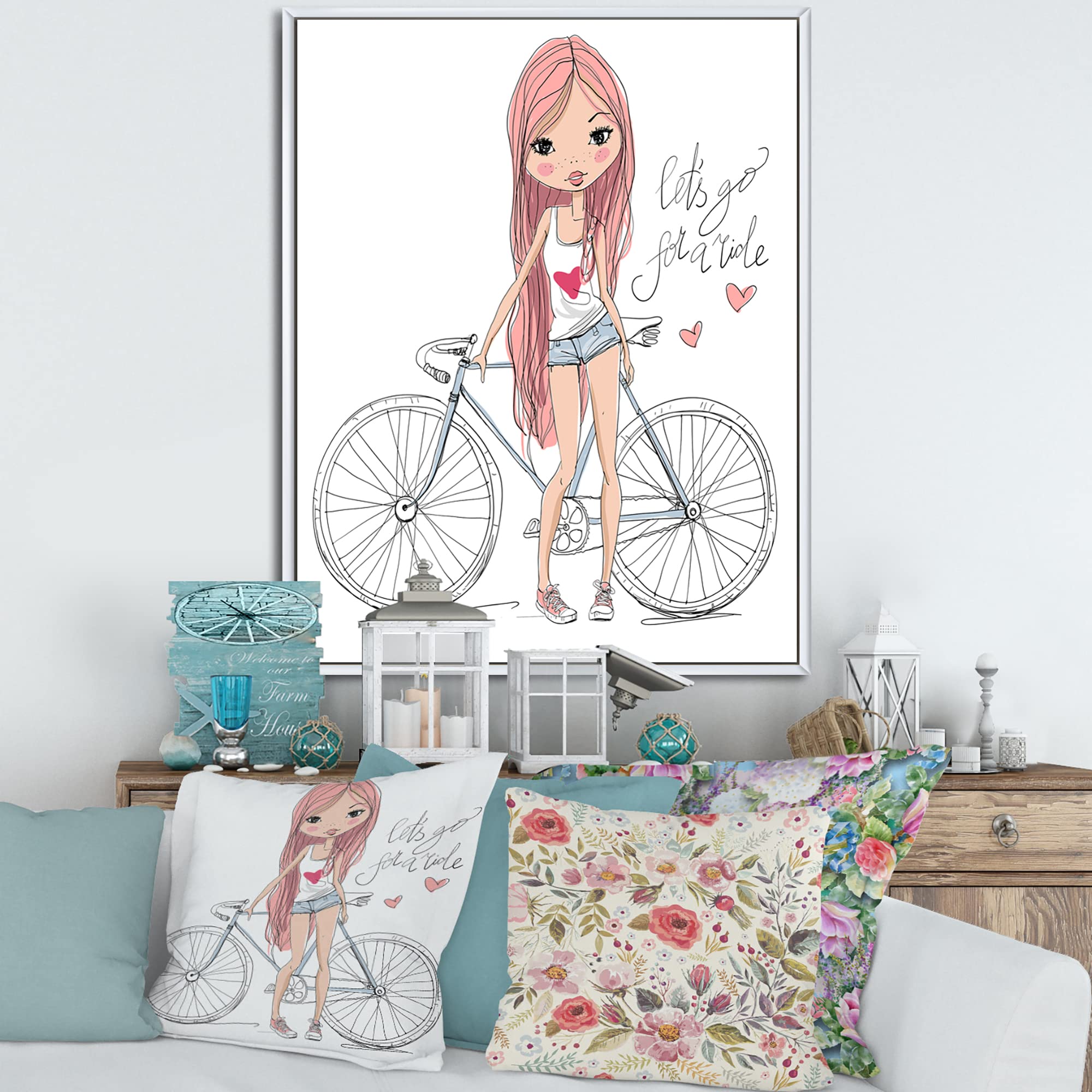 DesignQ Young Girl Riding Bicycle - Framed Canvas Wall Art Print for Kids Room Decor | Nursery, Bedroom & Playroom Wall Decor