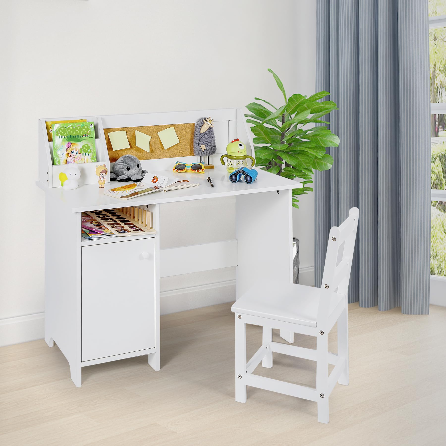 RedSwing Kids Study Desk and Chair Set - Wooden Writing Desk with Hutch, Cabinet & Bulletin Board - Study Computer Workstation & Writing Table for Homeschooling - Perfect for Online Learning, Homework & Small Space Bedrooms