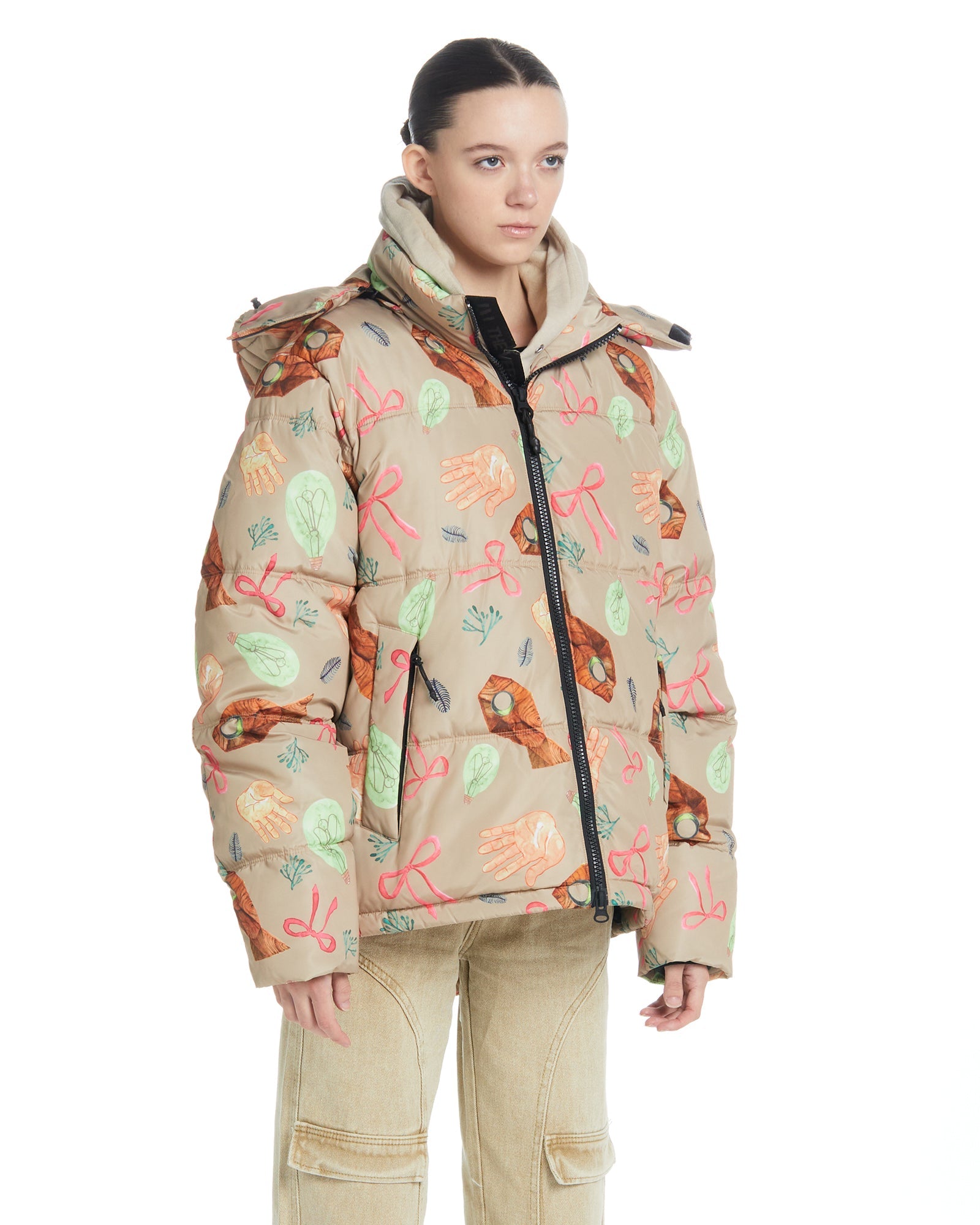 Warm Hooded Puffer Jacket in Squid Taupe Color - Perfect for Winter Outdoor Activities & Casual Wear