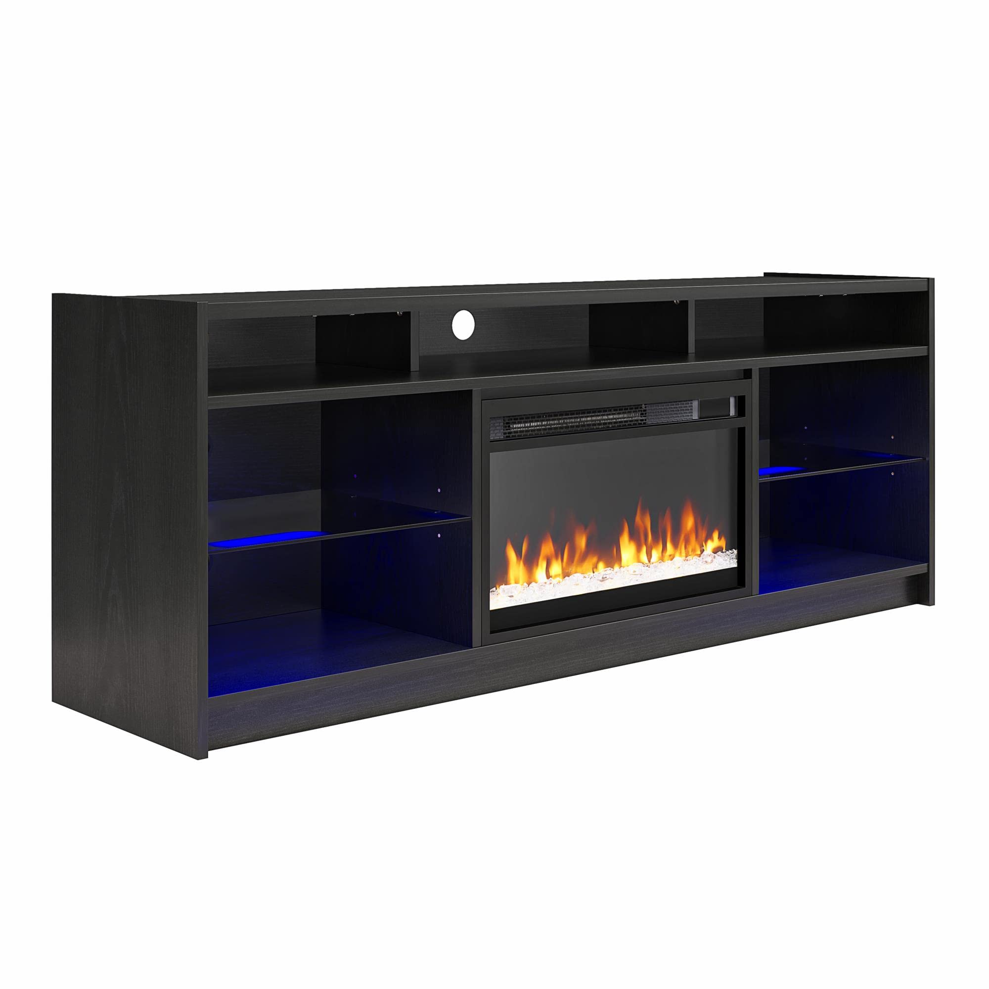 Ameriwood Home Luna 65-Inch Fireplace TV Stand with Electric Heater Insert - Remote Control, Timer, Color-Changing LED Lights & Crystal Ember Flames - Black Oak Finish for Living Room & Home Theater Setup