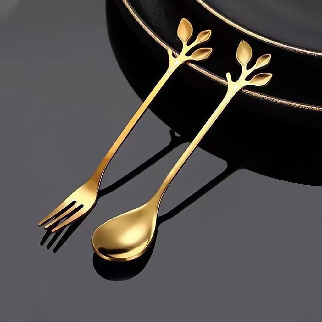 HASTHIP® 4-Piece Stainless Steel Gold Leaf Spoon and Fork Set - 4.7 Inch Coffee Spoon, Dessert Fork, Cutlery for Kitchen & Tableware - Perfect for Coffee, Desserts, Appetizers & Fine Dining (2 Spoons + 2 Forks, Gold)
