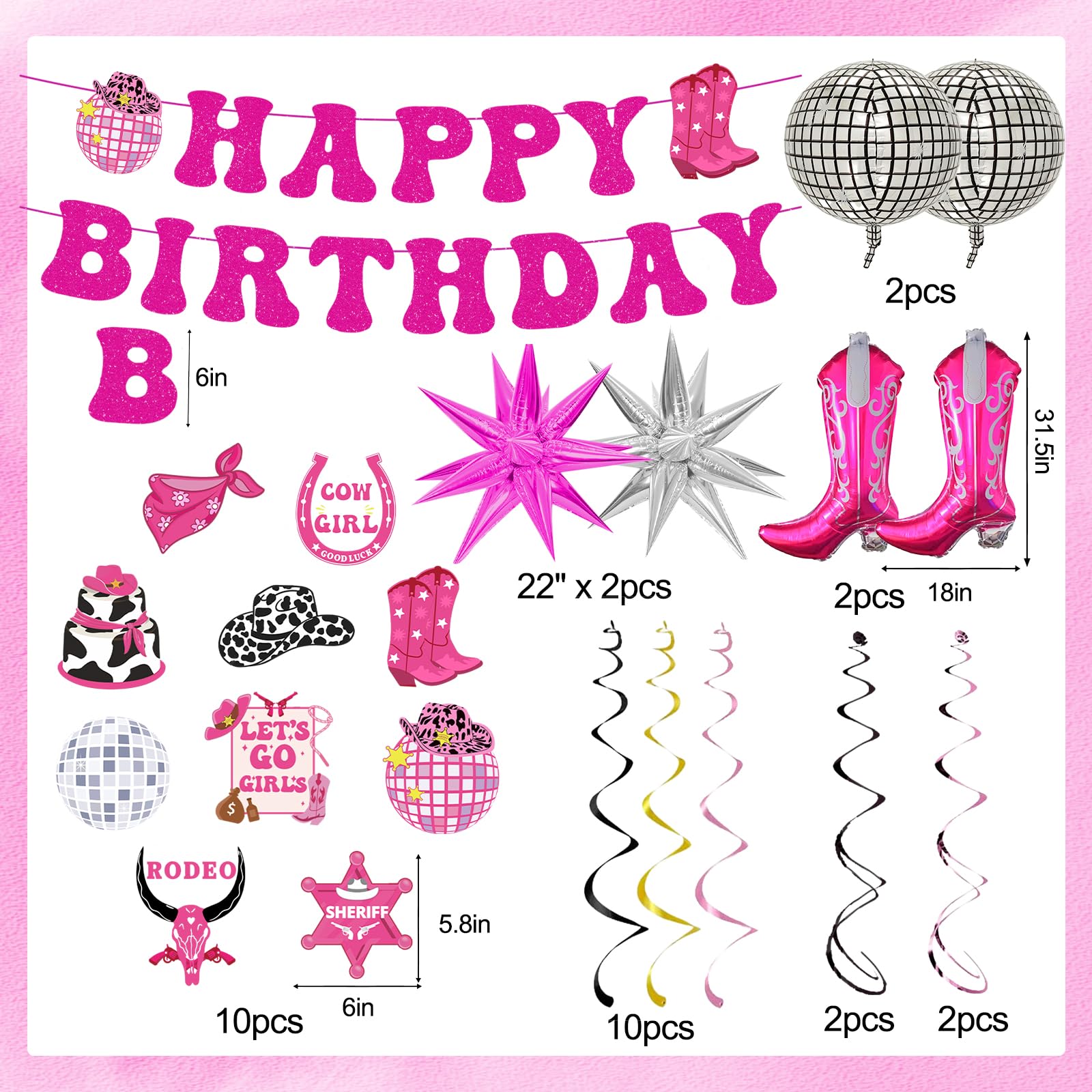 32-Piece Disco Cowgirl Birthday Party Decorations Set - Western Theme Hot Pink Happy Birthday Banner, Balloons & Bachelorette Party Supplies for Women & Girls | Perfect for Last Rodeo, Cowgirl-Themed Parties & Wild West Celebrations