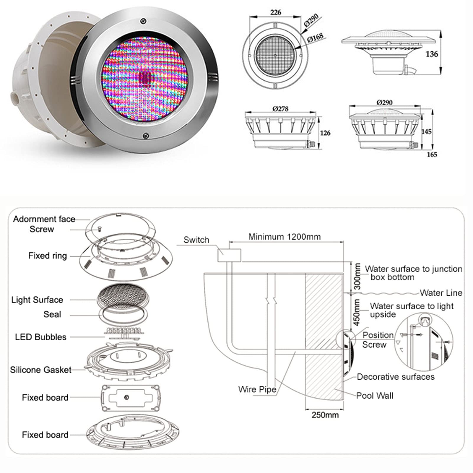 Par56 LED Pool Light Kit - IP68 Waterproof Stainless Steel Housing for Liner & Concrete Swimming Pools - RGB Color Changing with Remote Control - 24W Energy Efficient - Perfect for Backyard, Inground & Above Ground Pool Lighting
