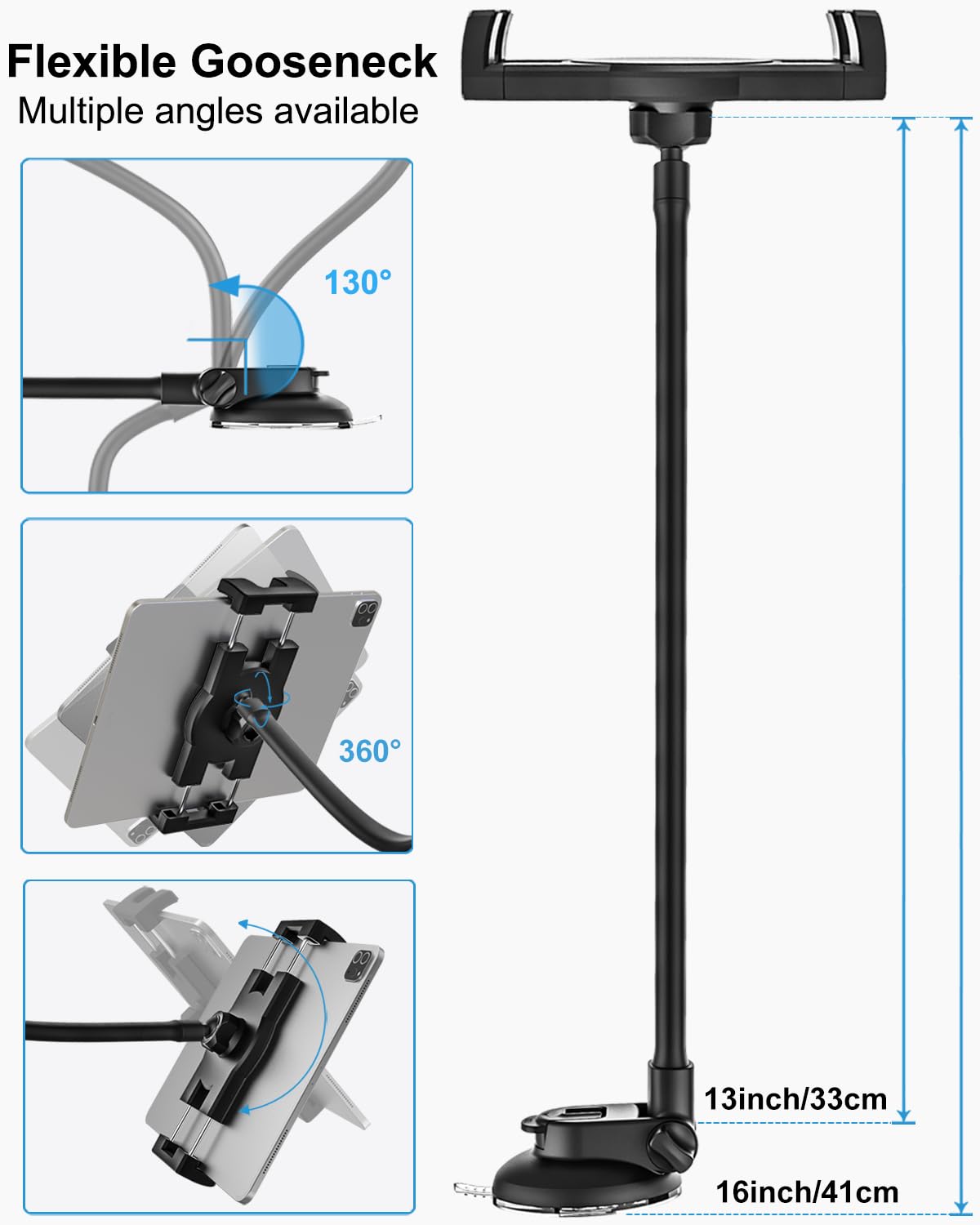 Woleyi Long Arm Car Windshield Tablet Mount - Super Suction & Stable Dashboard Holder for iPad Pro/Air/Mini, Galaxy Tabs, Smartphones (4.7-13 Inch) - Perfect for GPS Navigation, Streaming & Hands-Free Driving