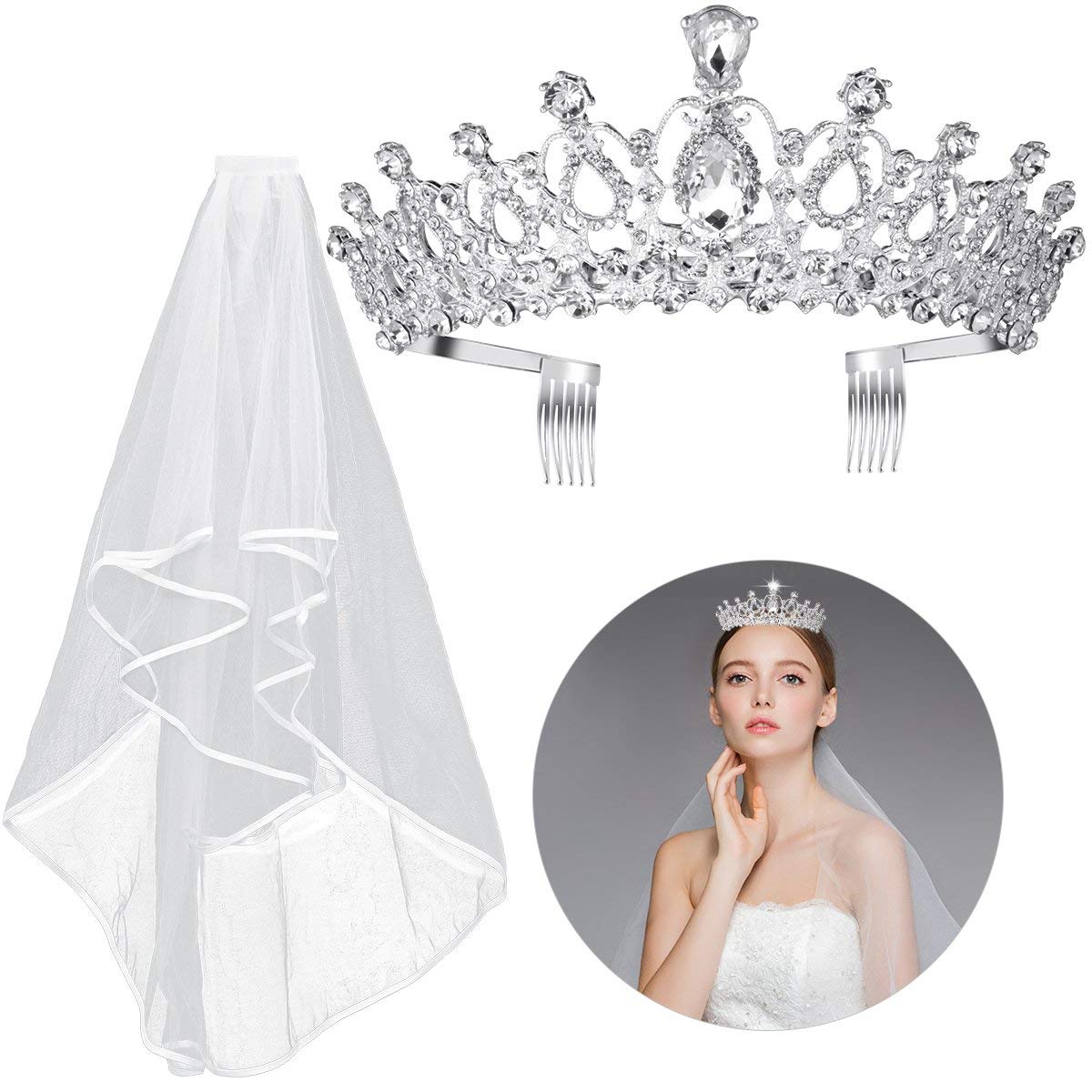 2PCS Elegant Rhinestone Tiara Crown Veil with Comb - Sparkling Communion Headpiece for Brides, Flower Girls & First Communion - Perfect for Weddings, Baptisms & Special Occasions